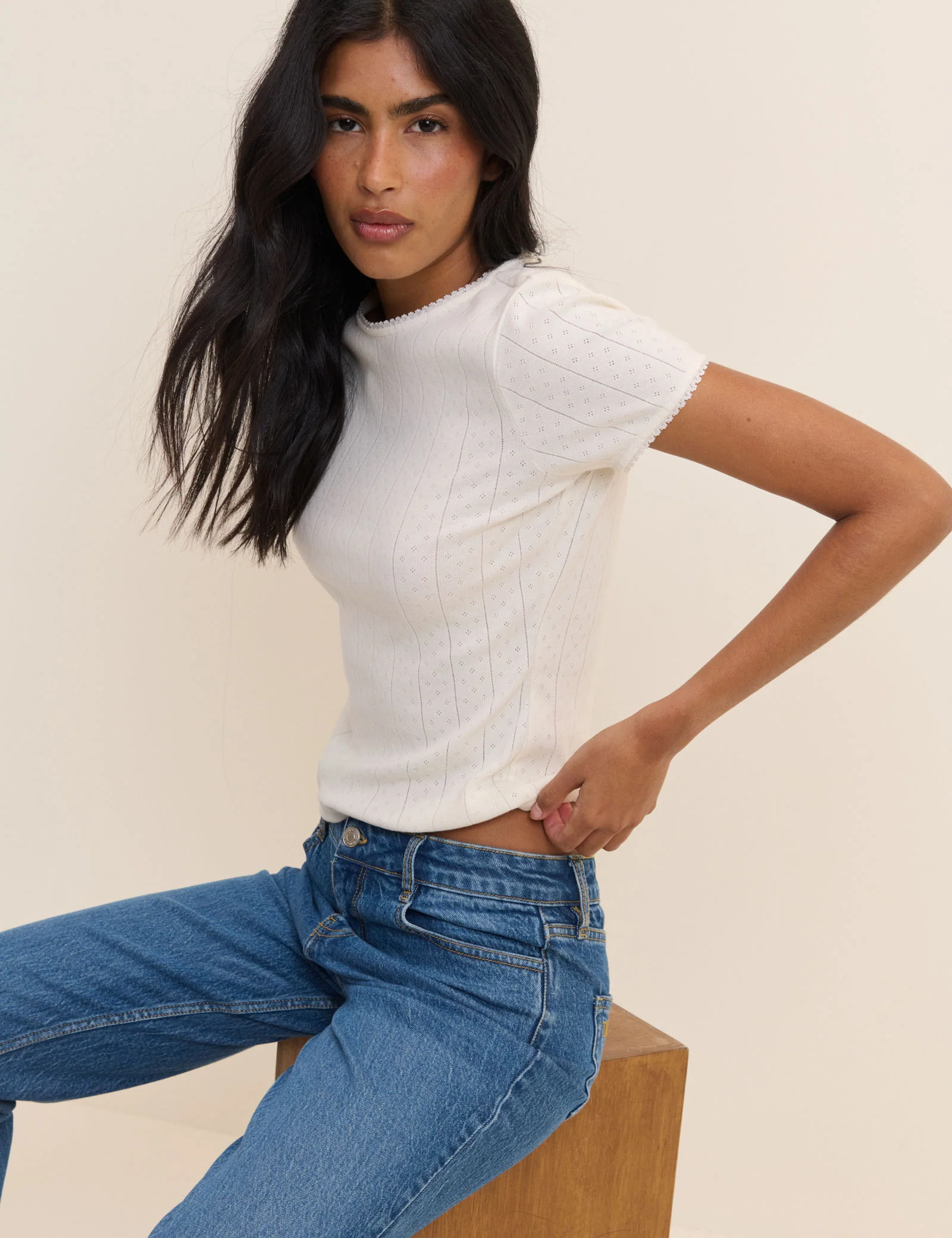White Pointelle Lace Trim Tee - Image 4