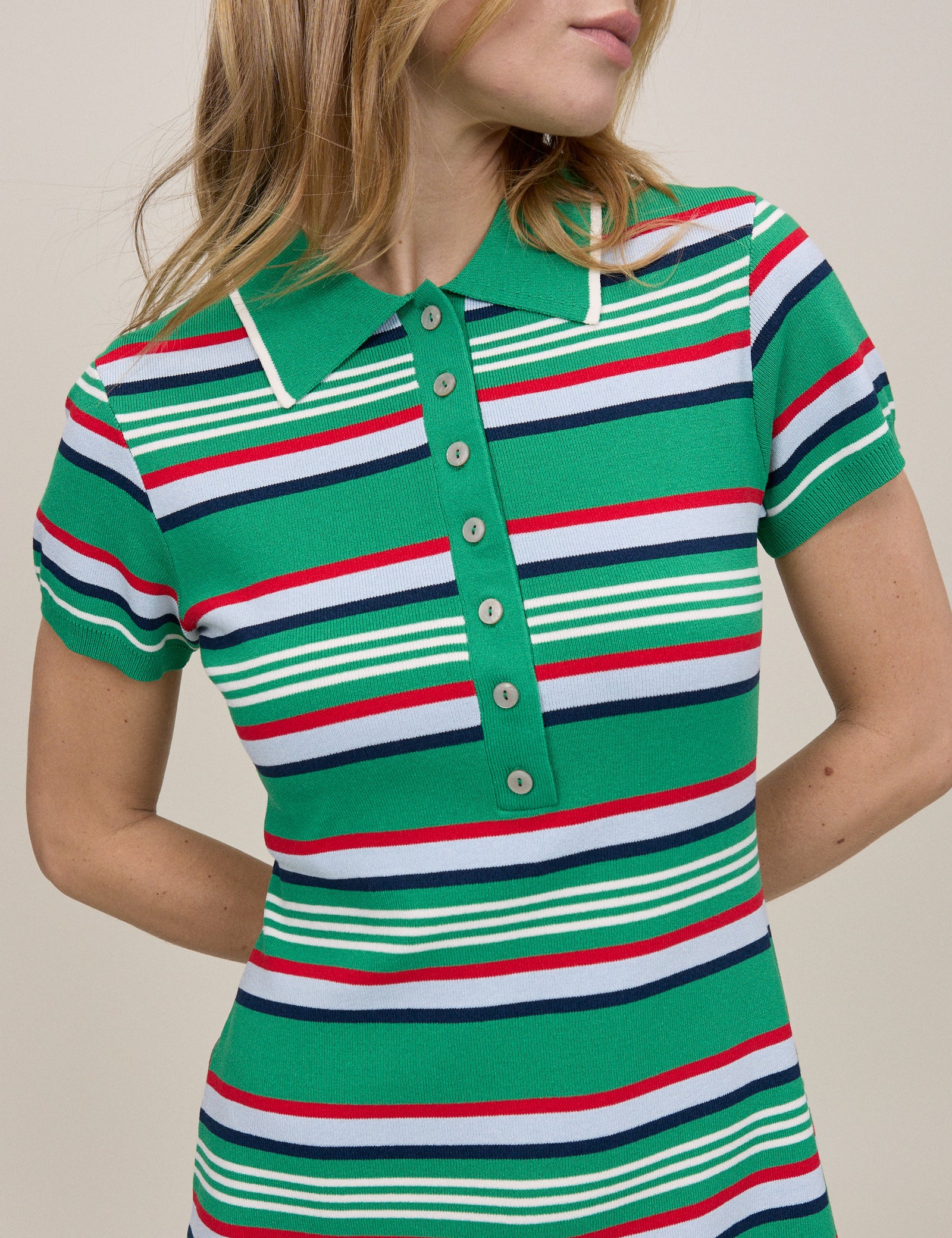 Green Striped Knitted Polo Dress - Image 2