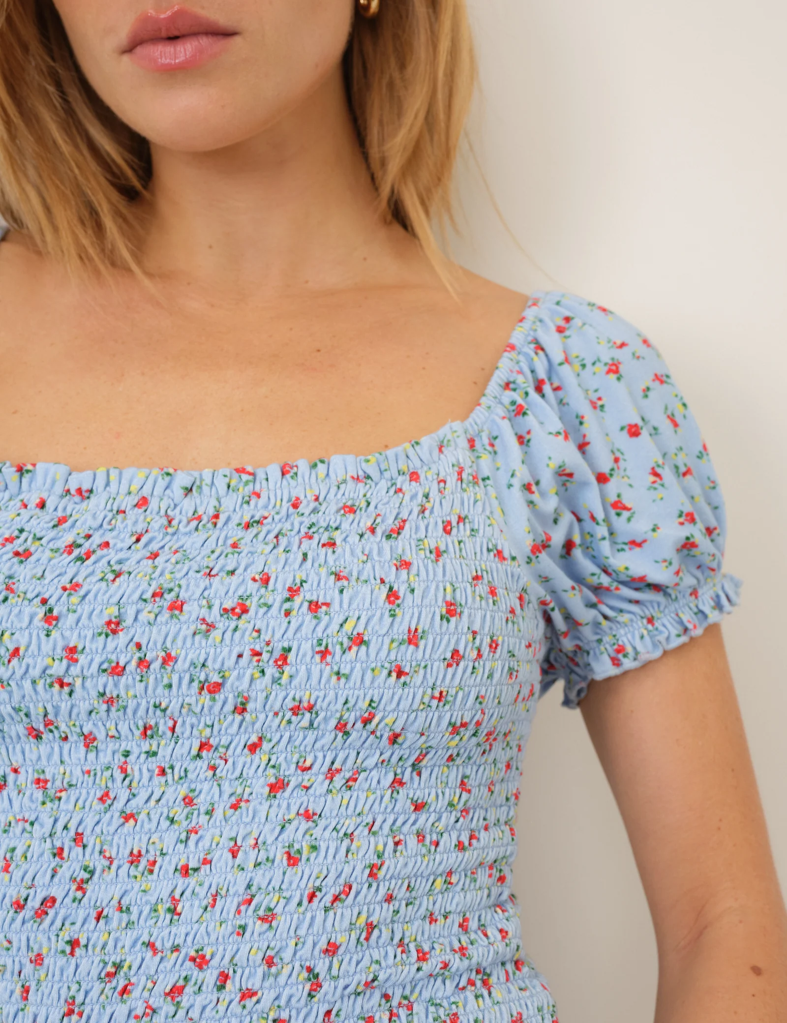 Blue Floral Shirred Square Neck Top - Image 2