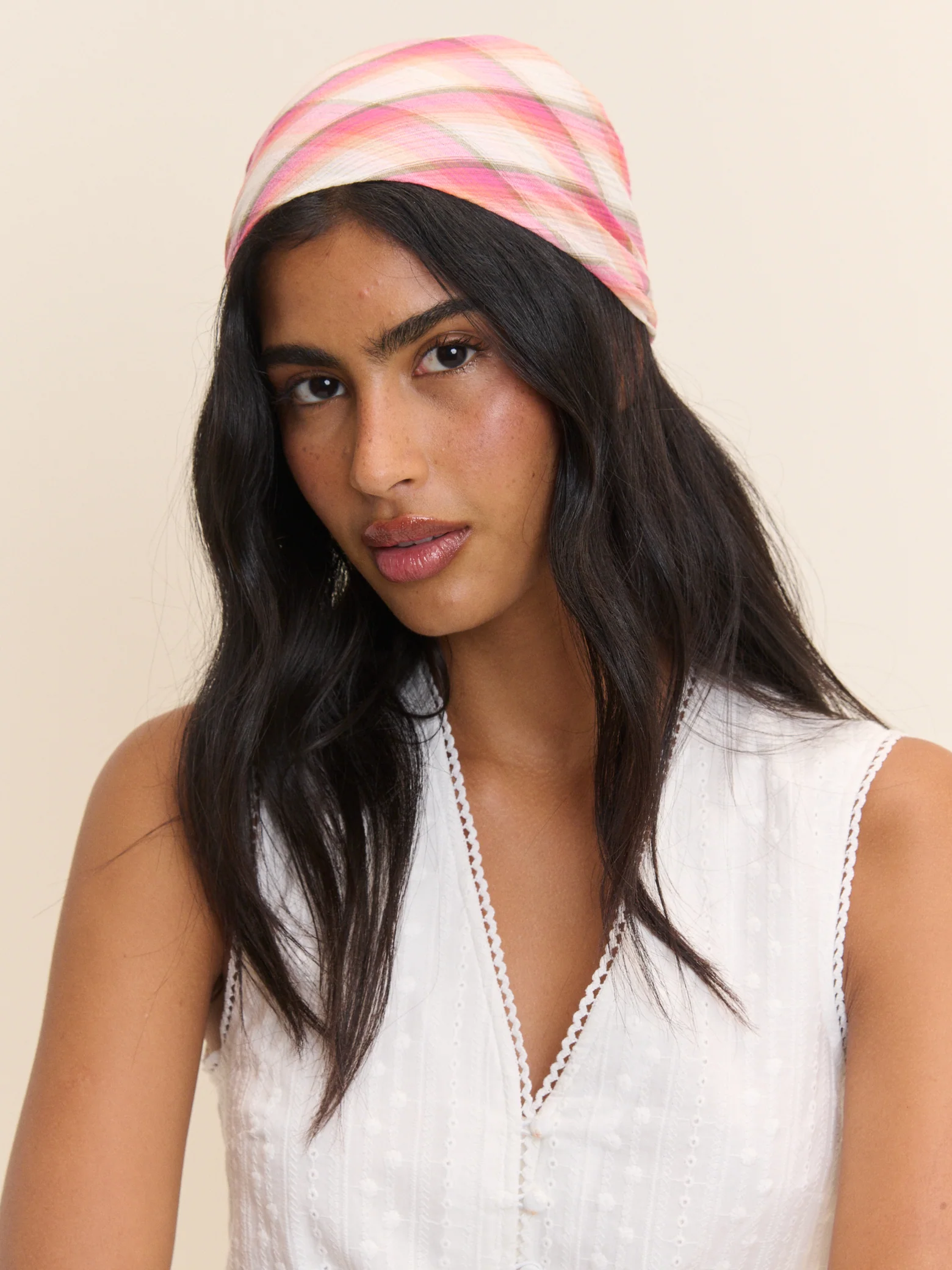 Pink and White Check Print Square Scarf - Image 3