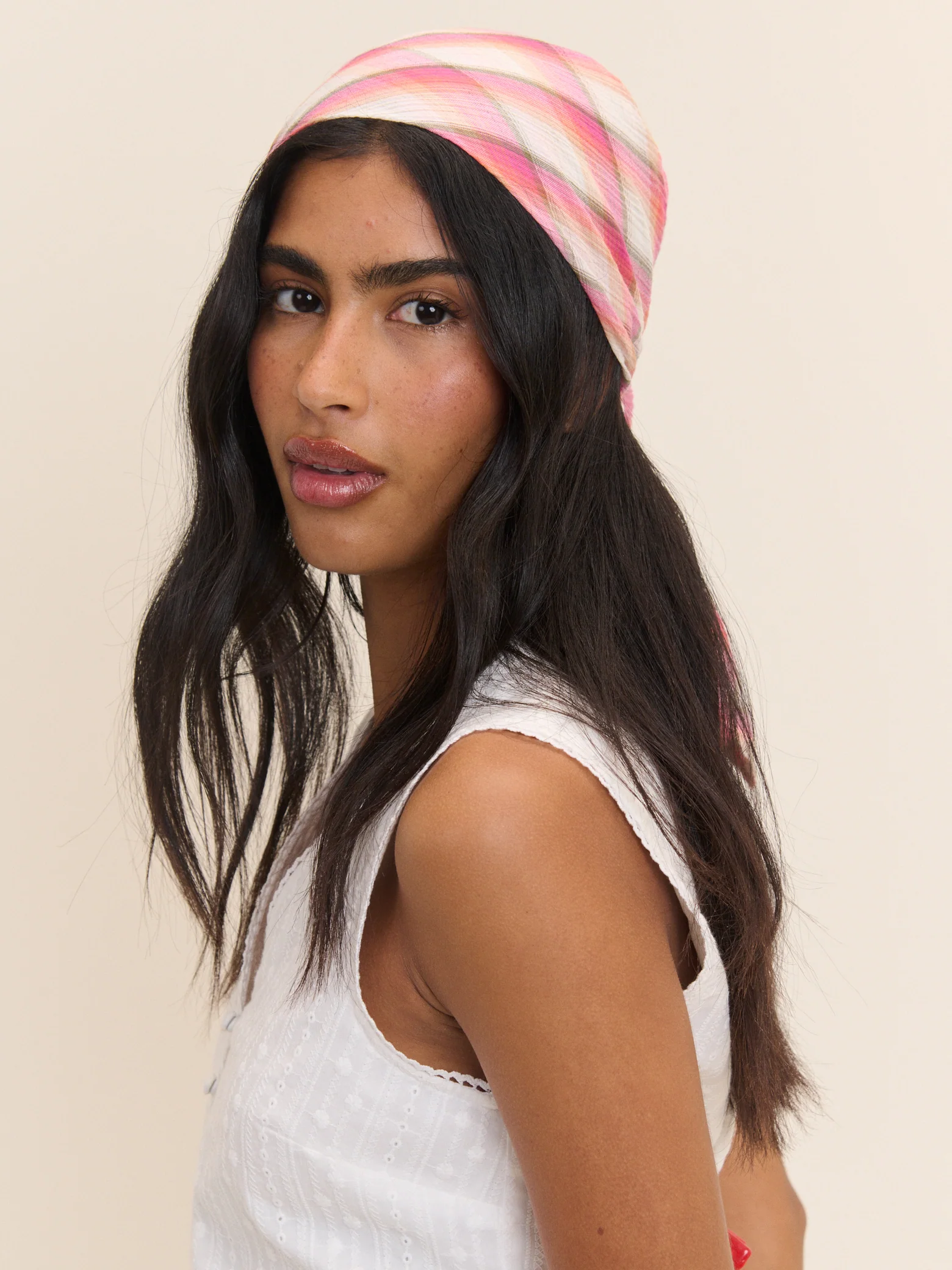 Pink and White Check Print Square Scarf - Image 5