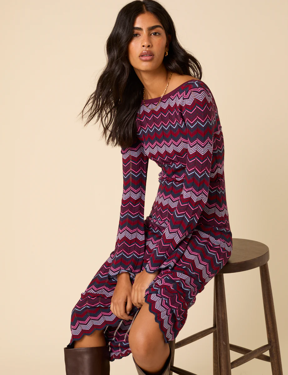 Purple Chevron Striped Long Sleeve Midi Dress