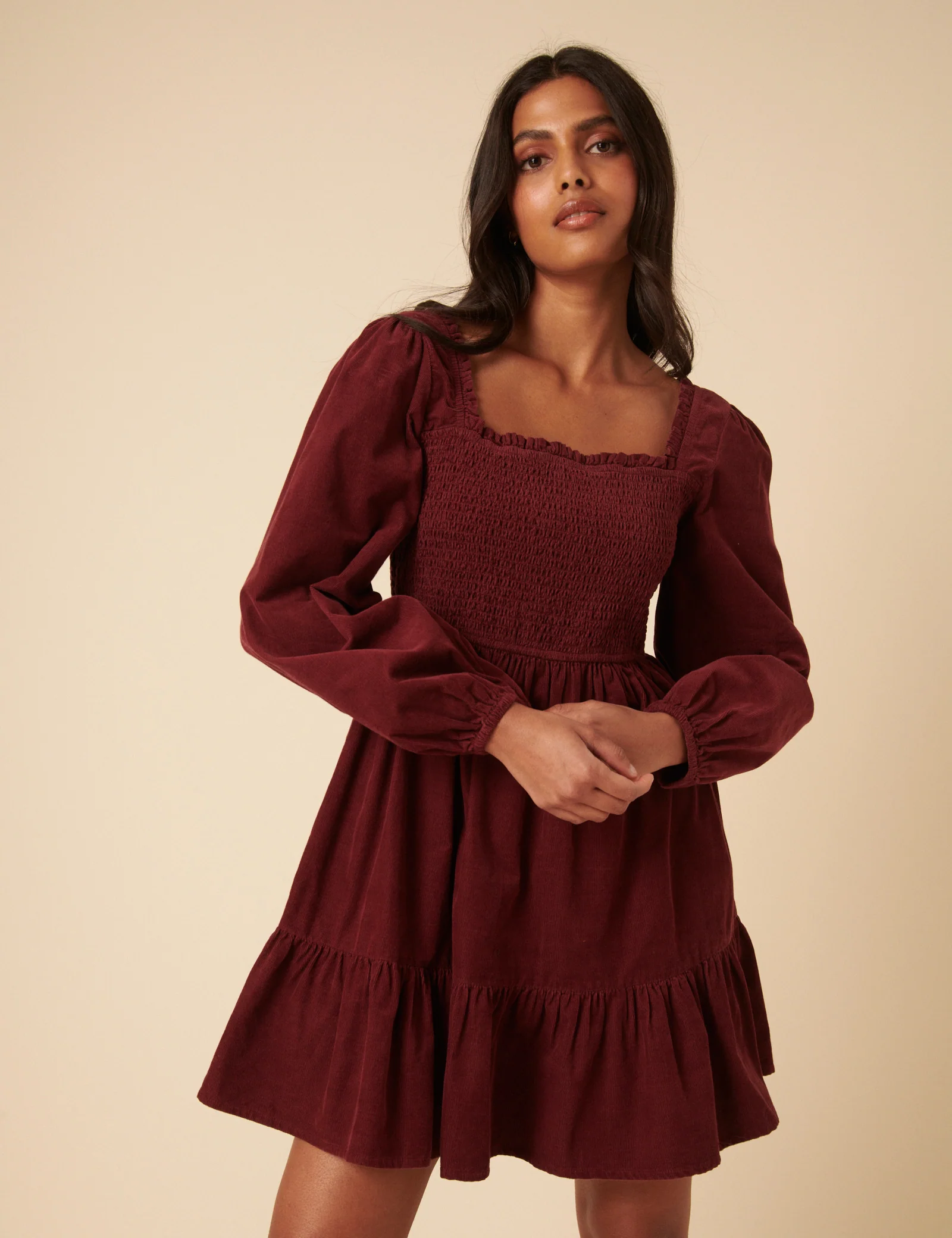 Burgundy Balloon Sleeve Cord Tiered Elsa Mini Dress