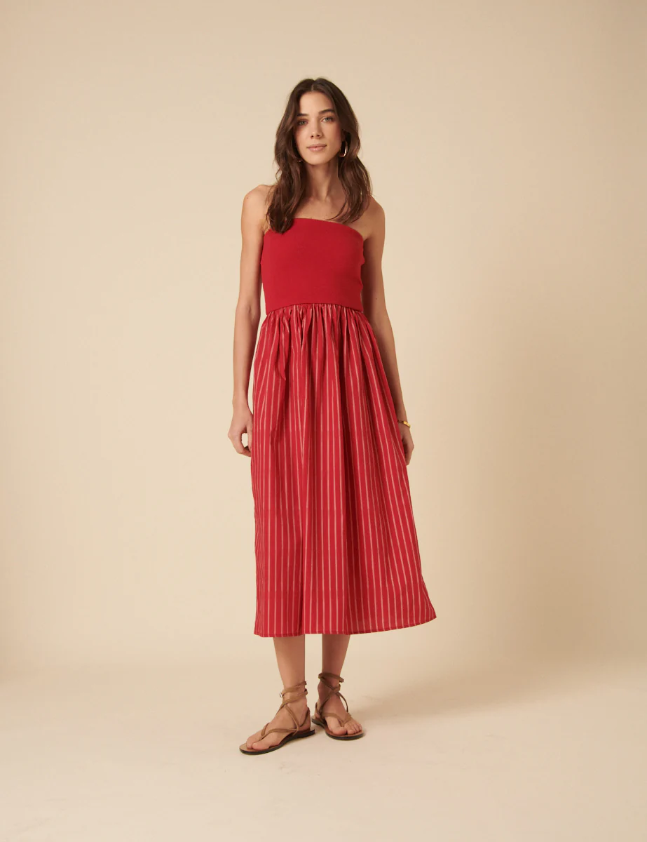 Red Bandeau Pinstripe Midi Dress
