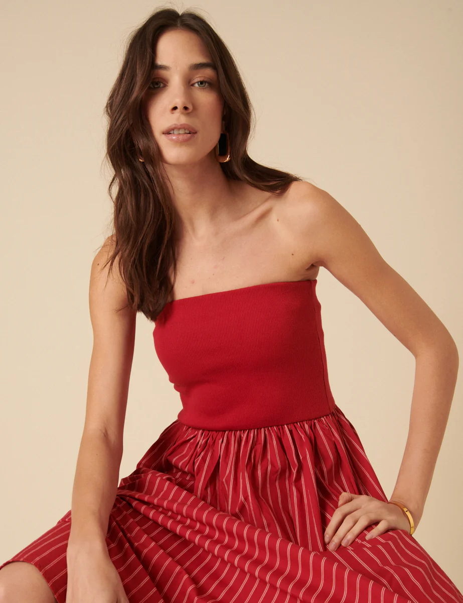 Red Bandeau Pinstripe Midi Dress - Image 2