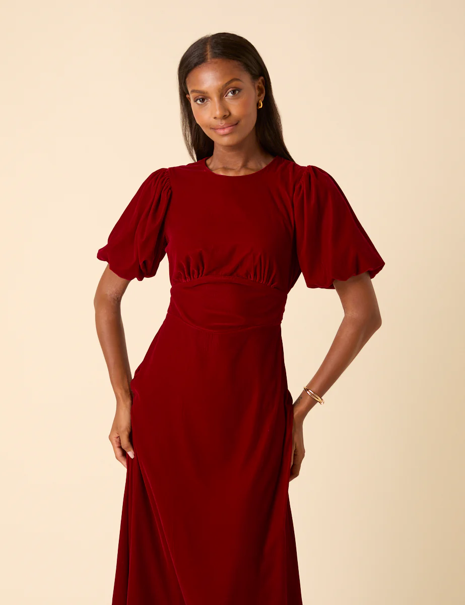 Red Velvet Puff Sleeve Zoi Midi Dress - Image 2