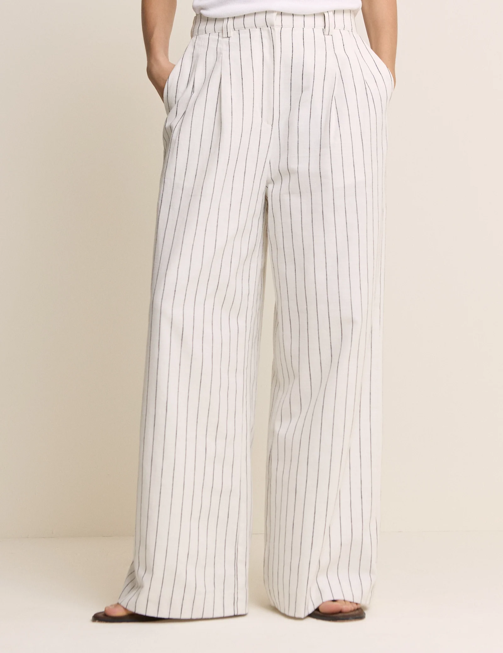 White Pinstripe Linen-Blend Wide Leg Trousers - Image 3