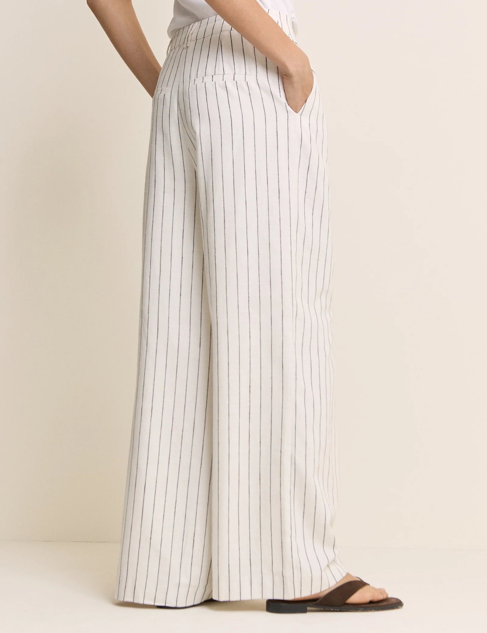 White Pinstripe Linen-Blend Wide Leg Trousers - Image 5
