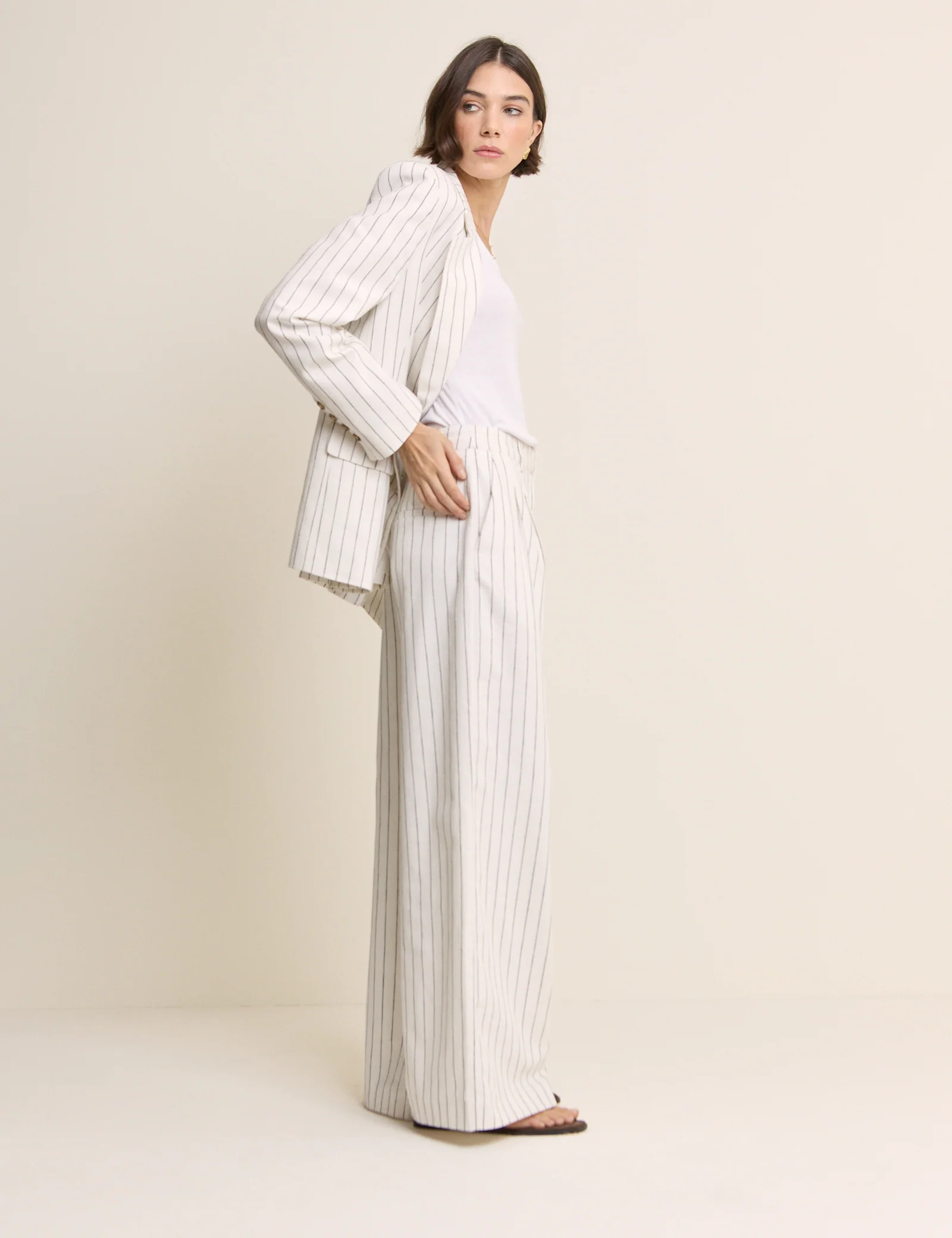 White Pinstripe Linen-Blend Wide Leg Trousers - Image 6