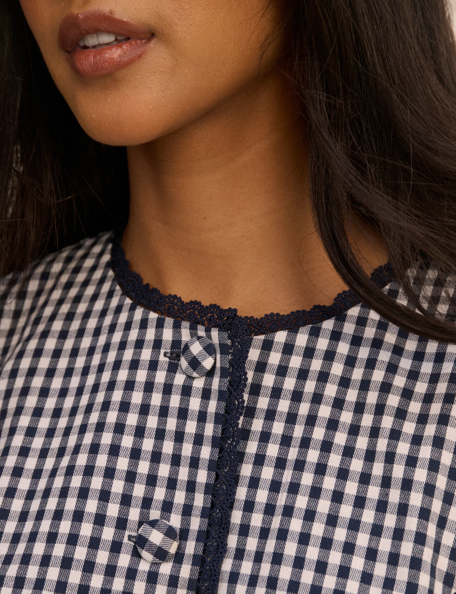 Navy Gingham Puff Sleeve Top - Image 3