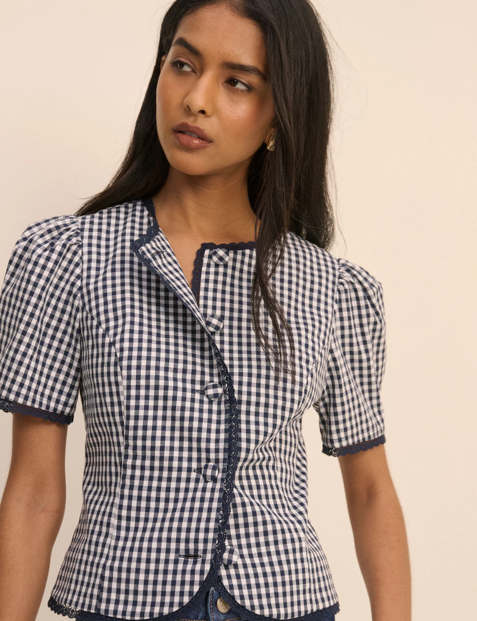 Navy Gingham Puff Sleeve Top - Image 4