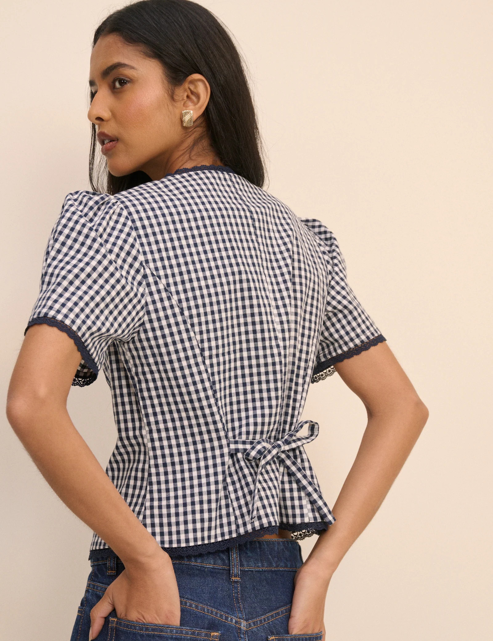 Navy Gingham Puff Sleeve Top - Image 5