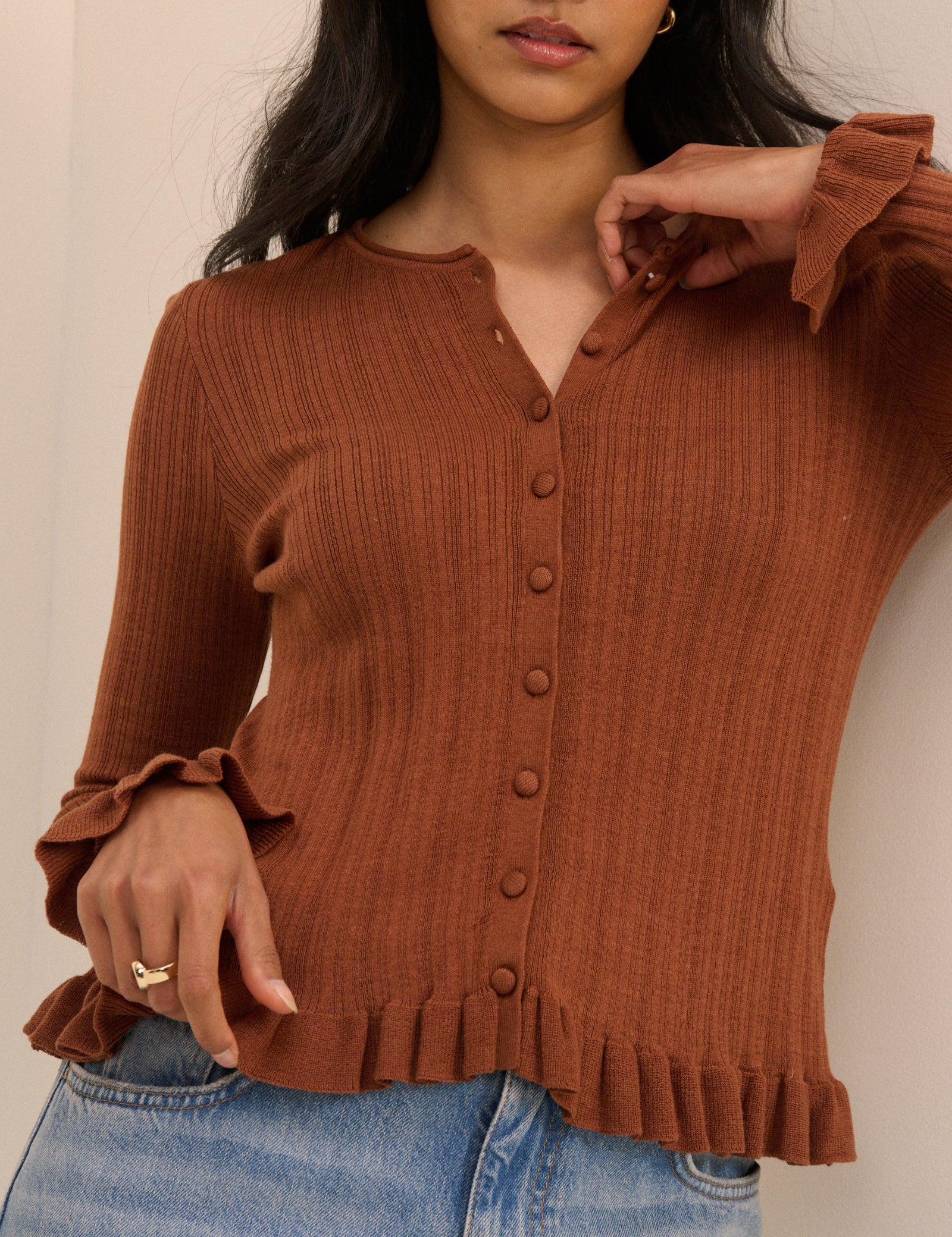 Brown Rib and Ruffle Sheer Knit Cardigan - Image 2