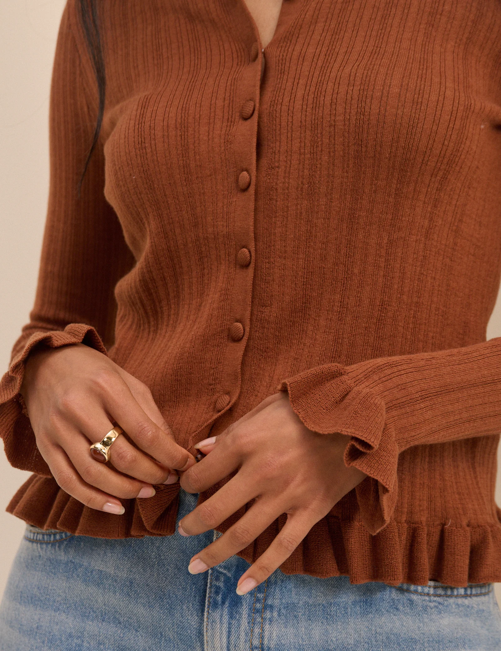 Brown Rib and Ruffle Sheer Knit Cardigan - Image 3
