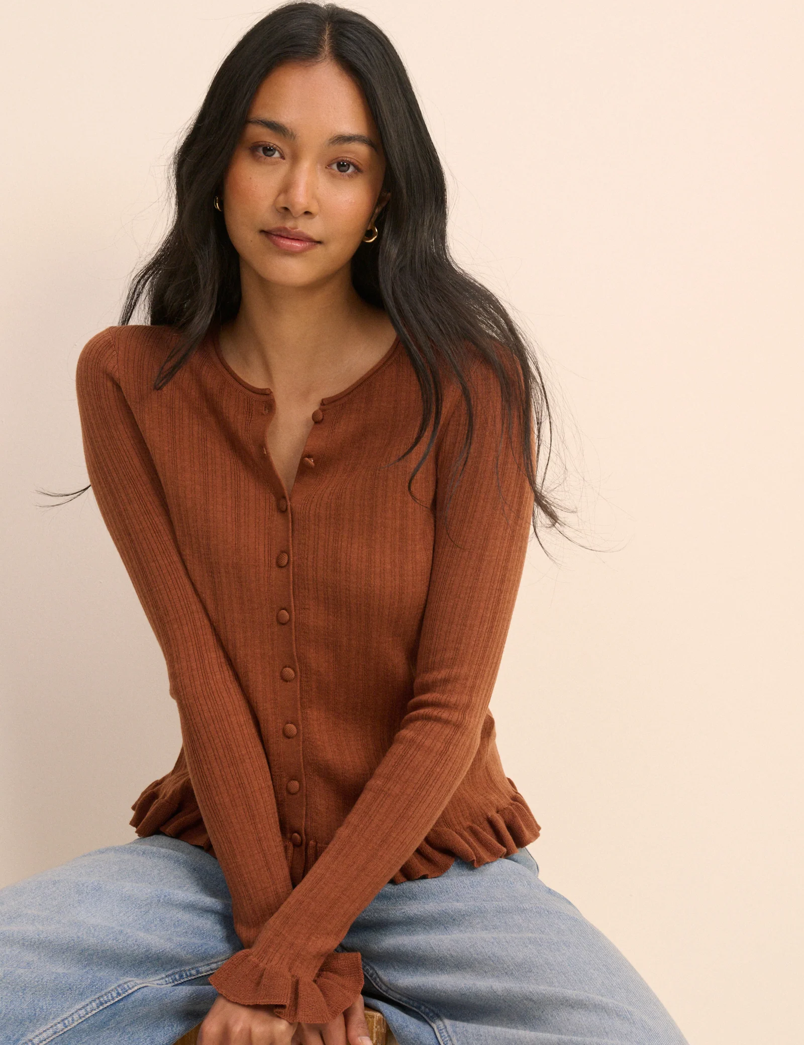 Brown Rib and Ruffle Sheer Knit Cardigan - Image 4