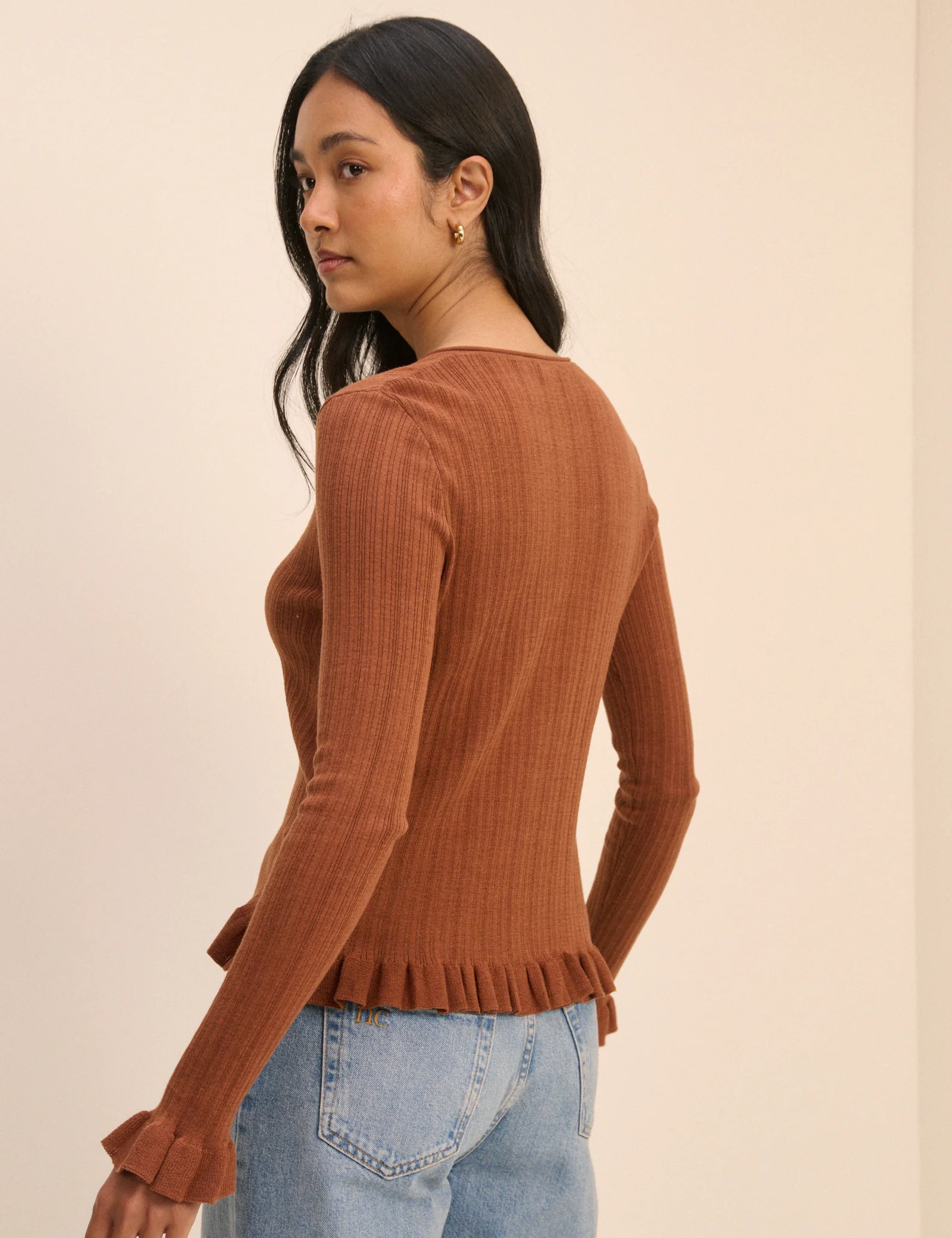 Brown Rib and Ruffle Sheer Knit Cardigan - Image 5