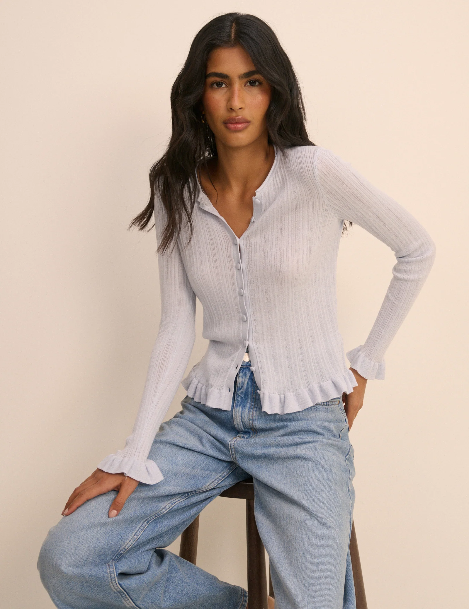 Baby Blue Rib and Ruffle Sheer Knit Cardigan - Image 3
