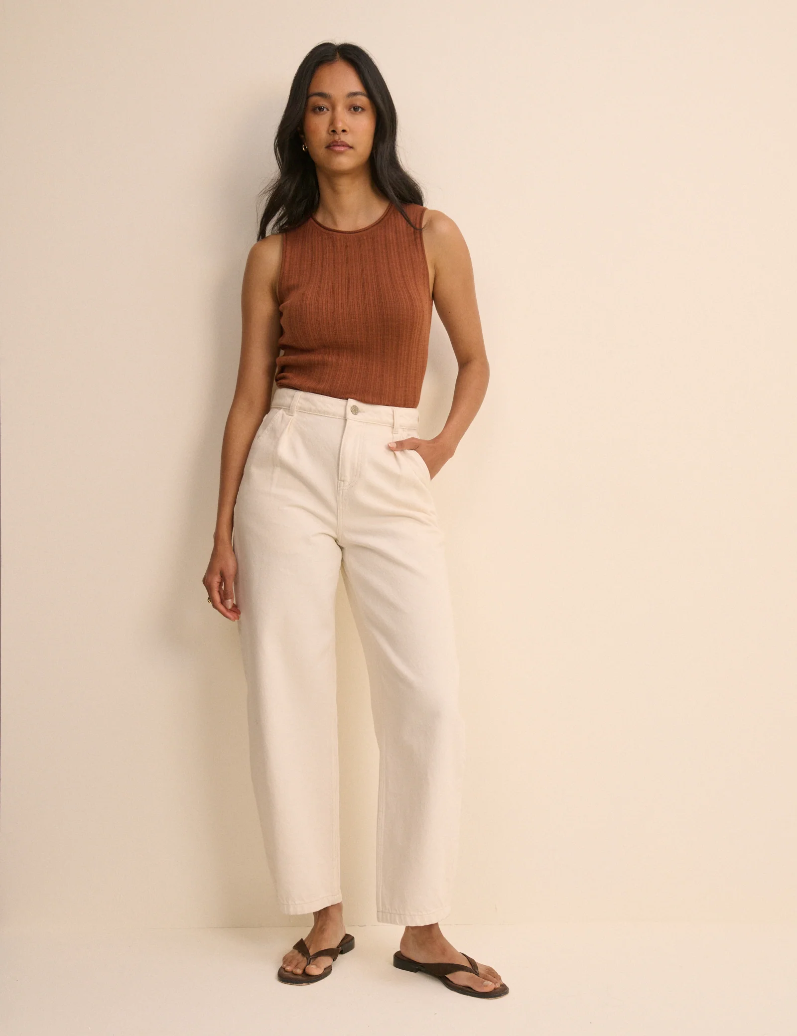 Brown Rib and Ruffle Sheer Knit Vest - Image 3