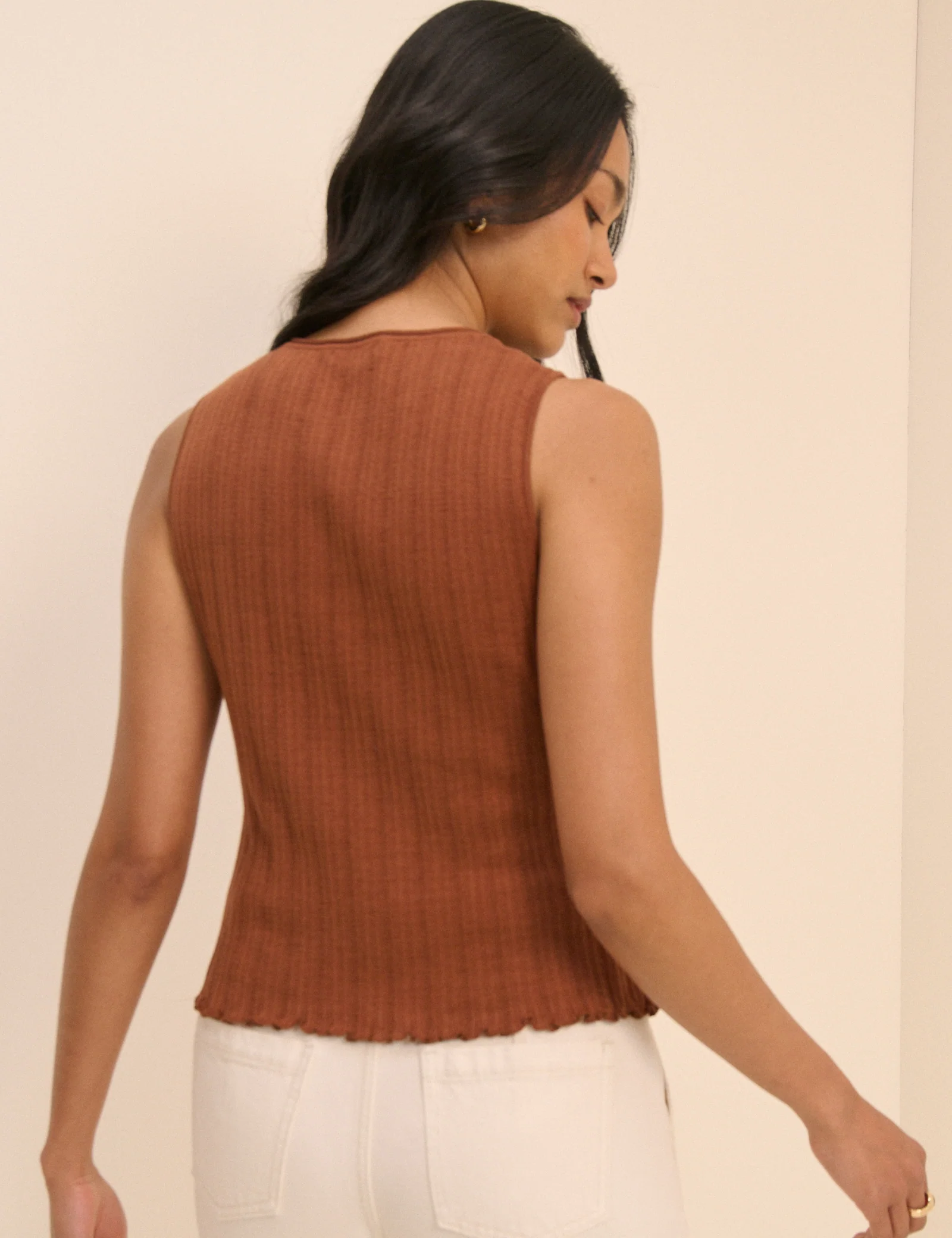 Brown Rib and Ruffle Sheer Knit Vest - Image 5