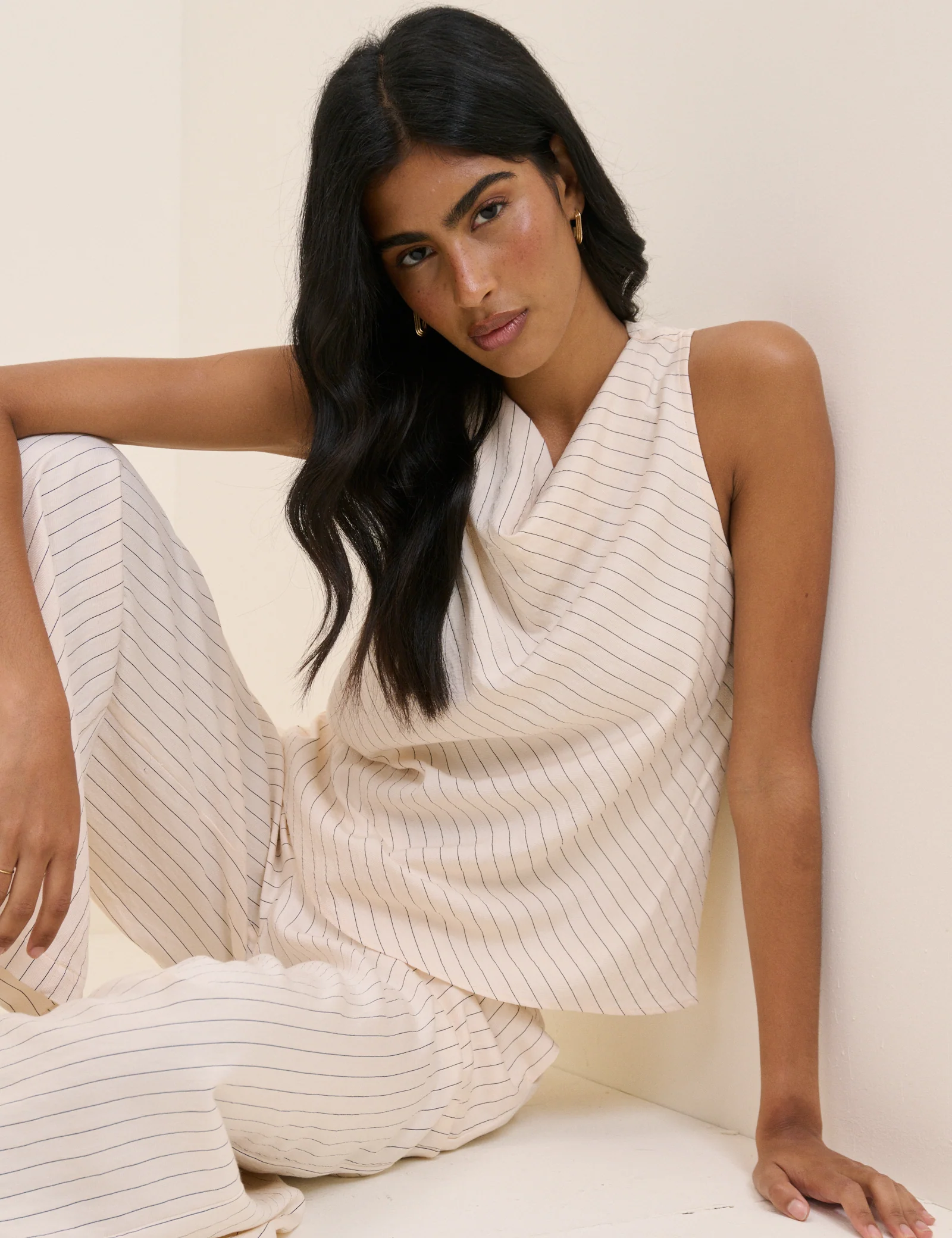 Cream Pinstripe Draped Sleeveless Top - Image 4