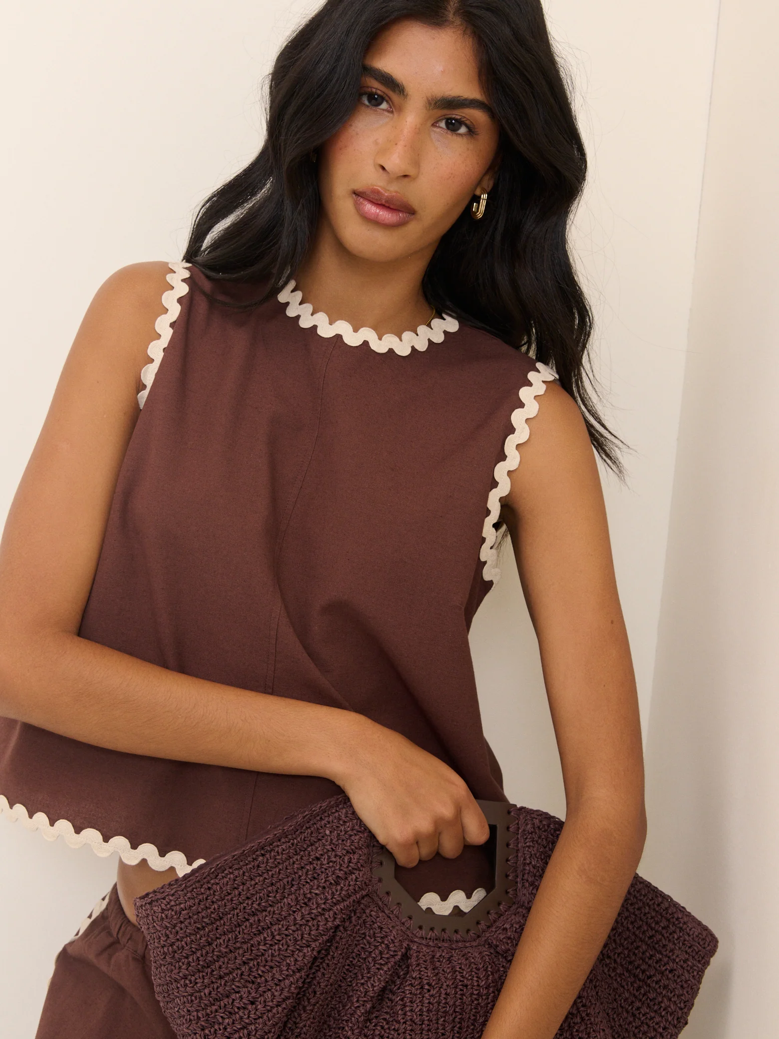 Brown Ric Rac Trim Sleeveless Swing Top - Image 3