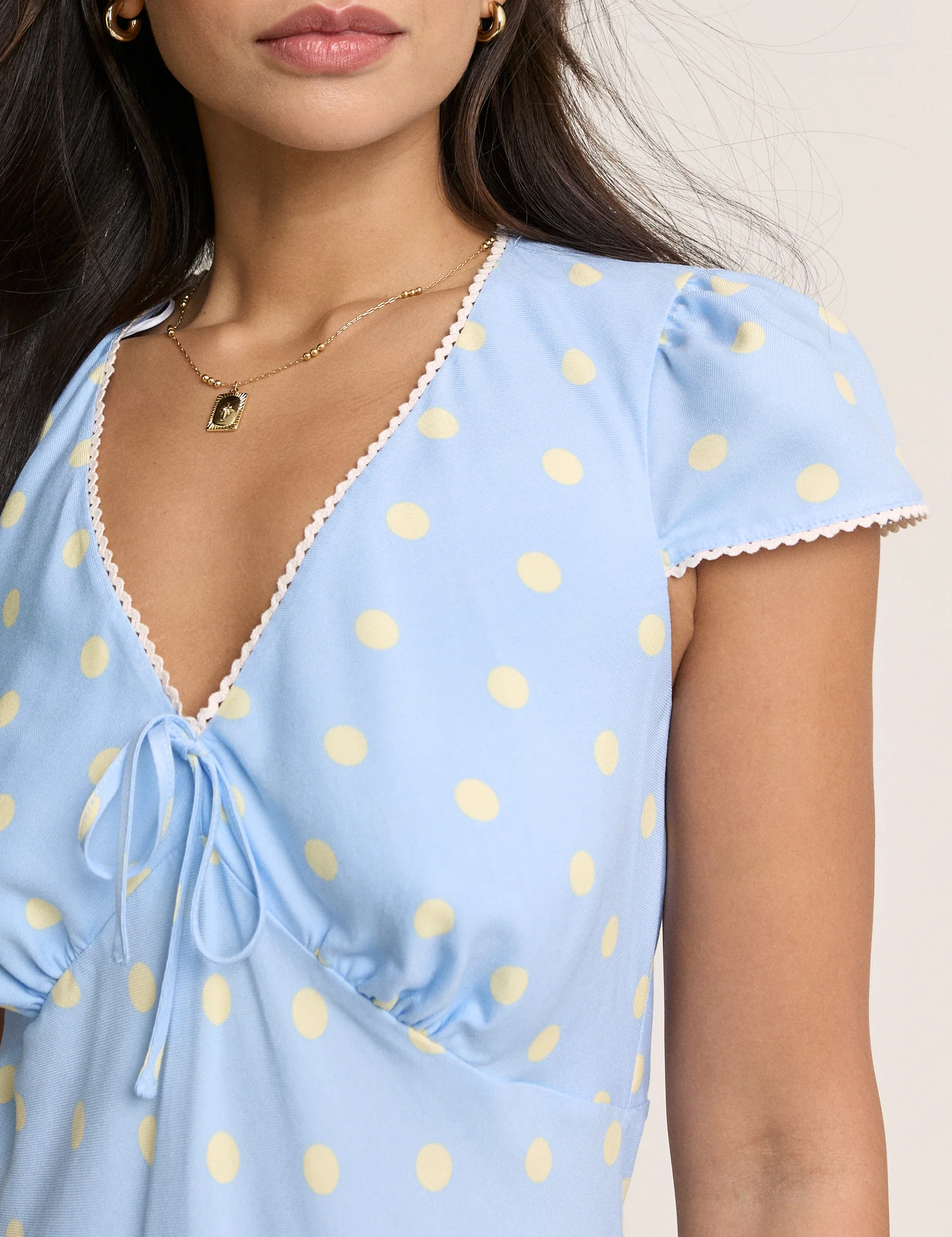 Blue Polka Dot Lace Trim Rosa Mini Dress - Image 2
