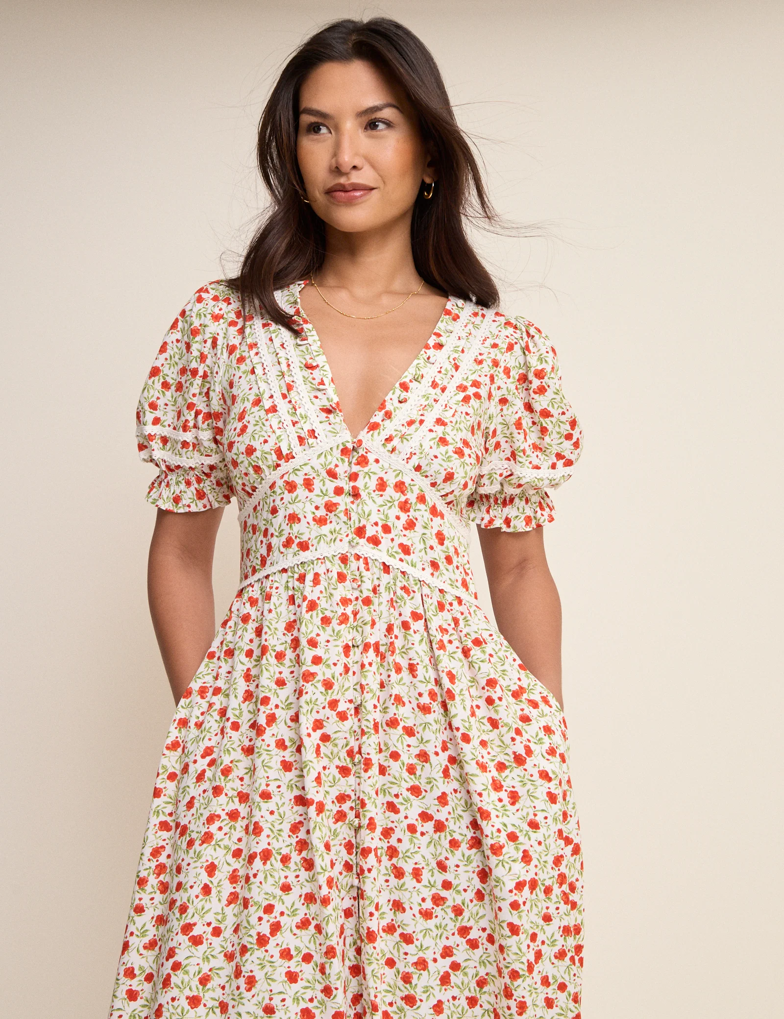 White Floral Puff Sleeve Saffy Midi Dress - Image 2