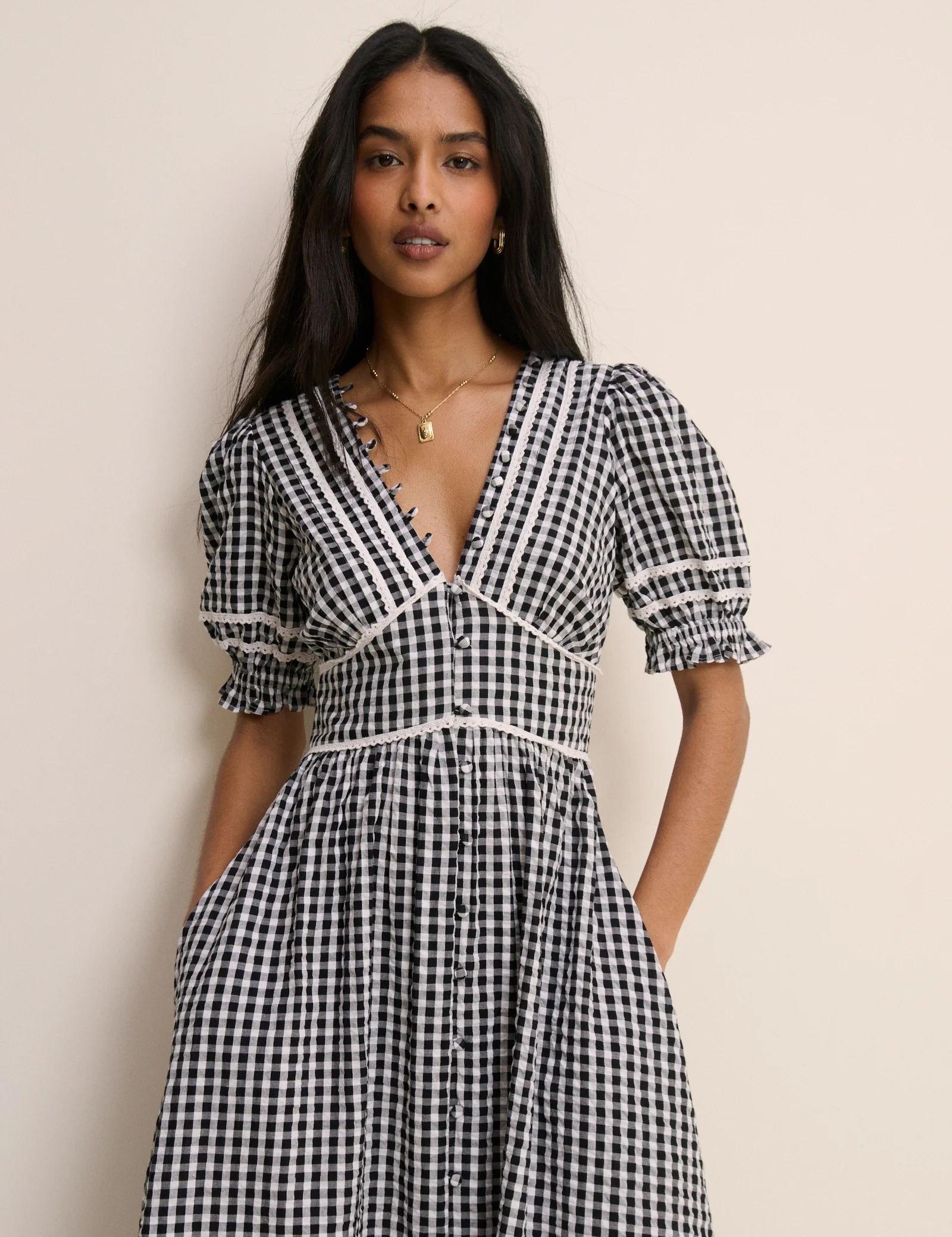 Black Gingham Puff Sleeve Saffy Midi Dress - Image 2