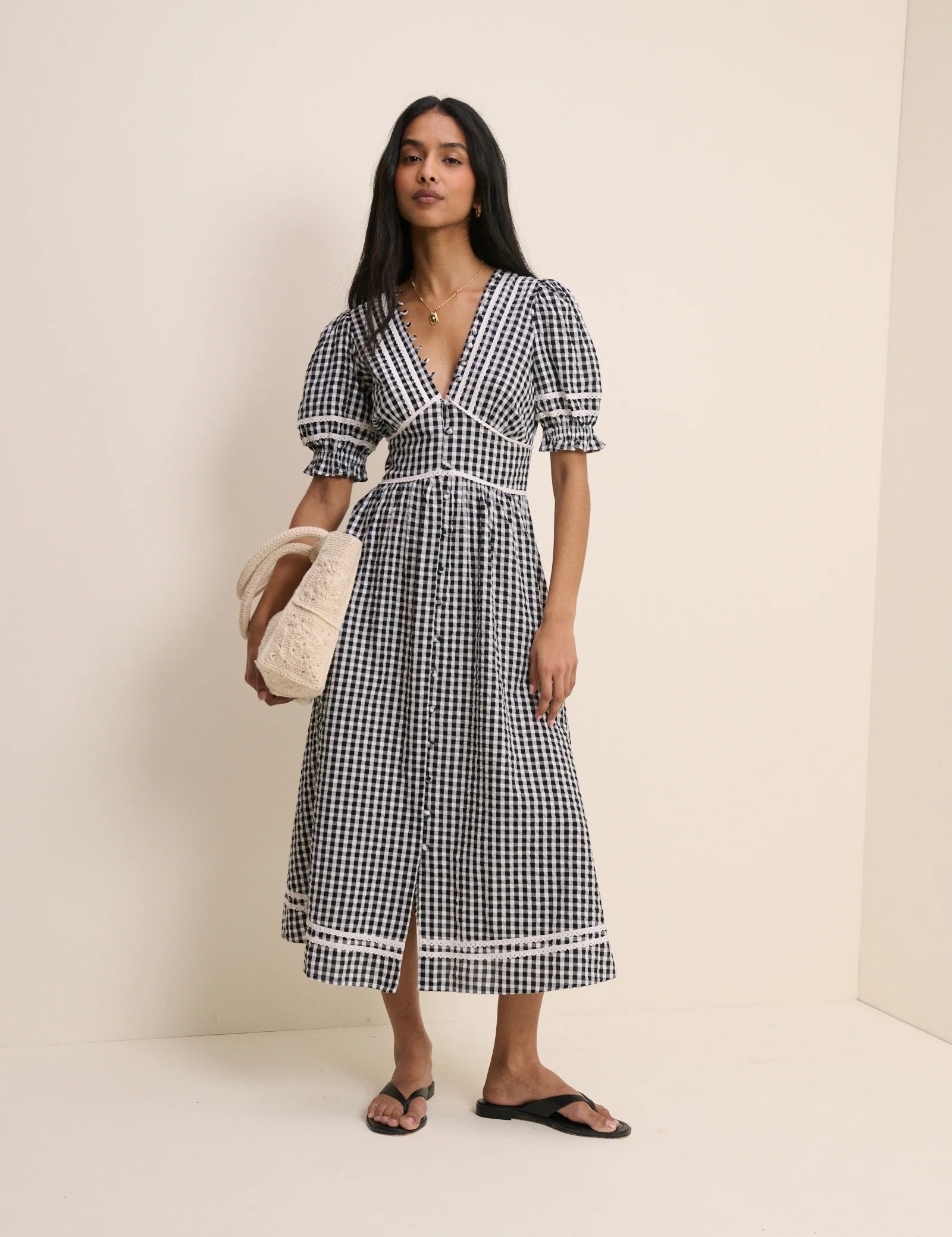 Black Gingham Puff Sleeve Saffy Midi Dress - Image 3