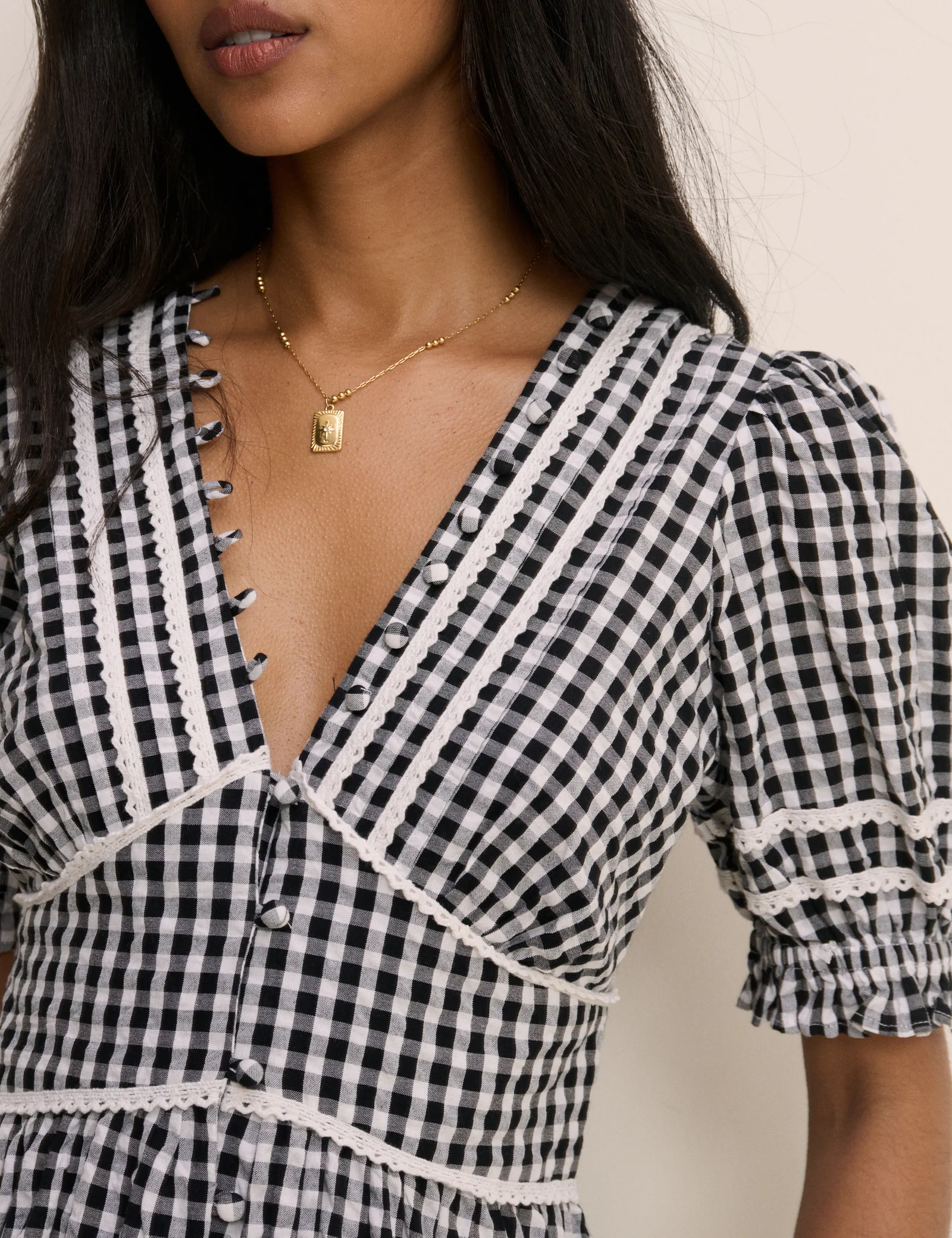 Black Gingham Puff Sleeve Saffy Midi Dress - Image 4