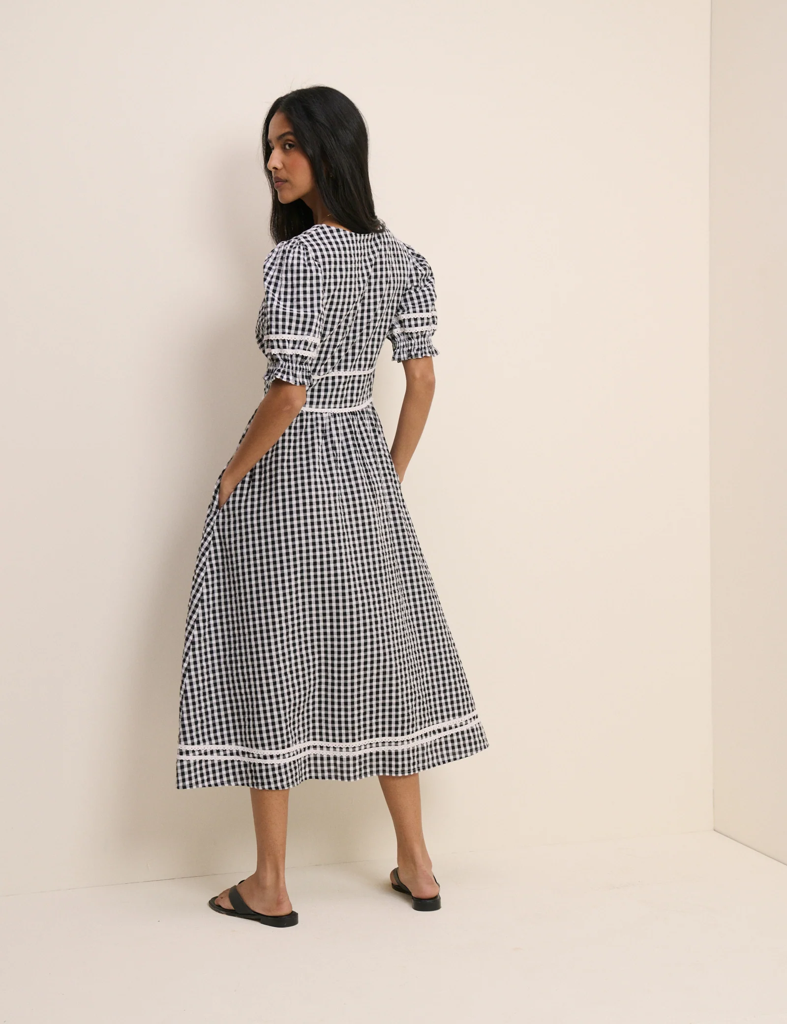 Black Gingham Puff Sleeve Saffy Midi Dress - Image 5