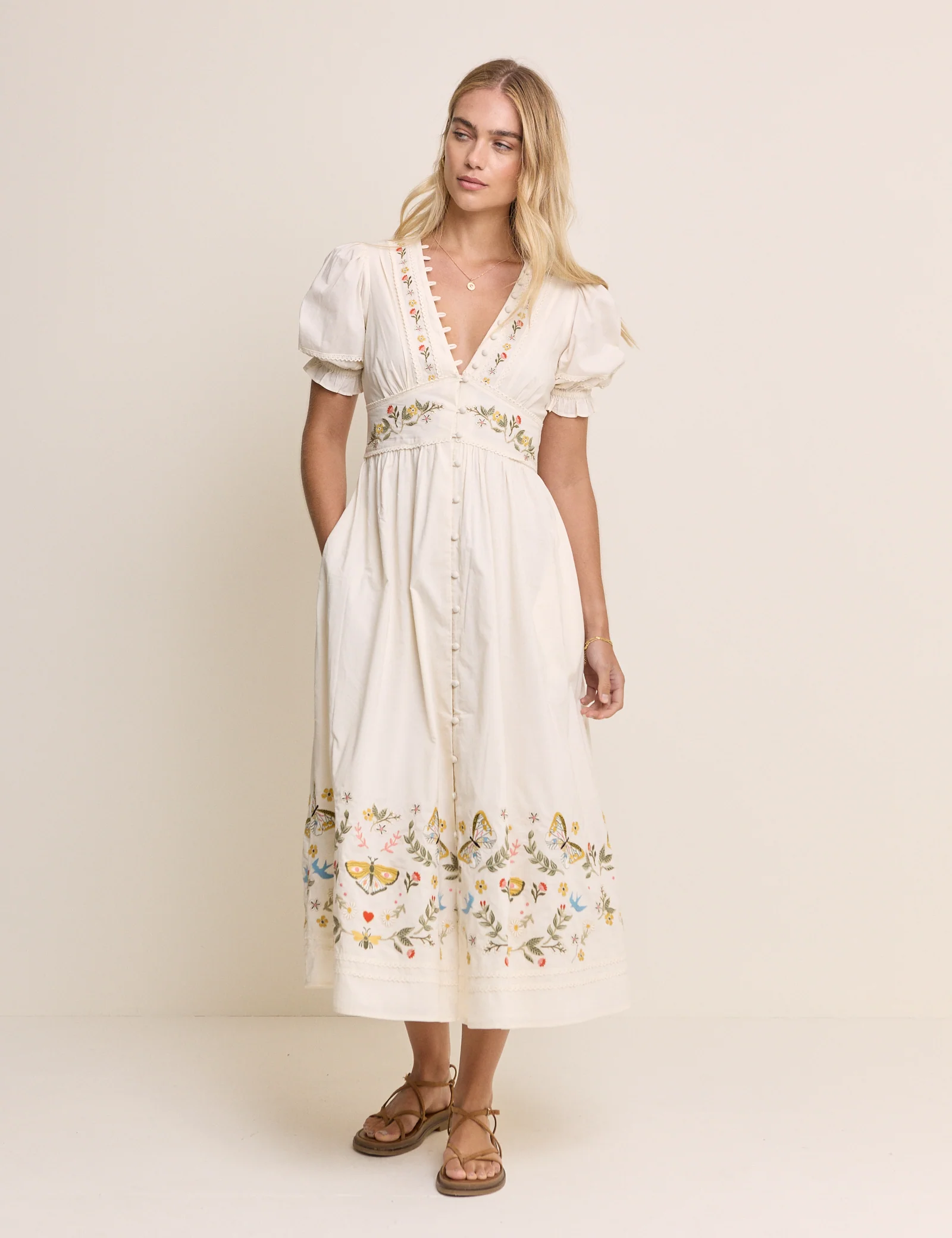 White Embroidered Puff Sleeve Saffy Midi Dress - Image 3