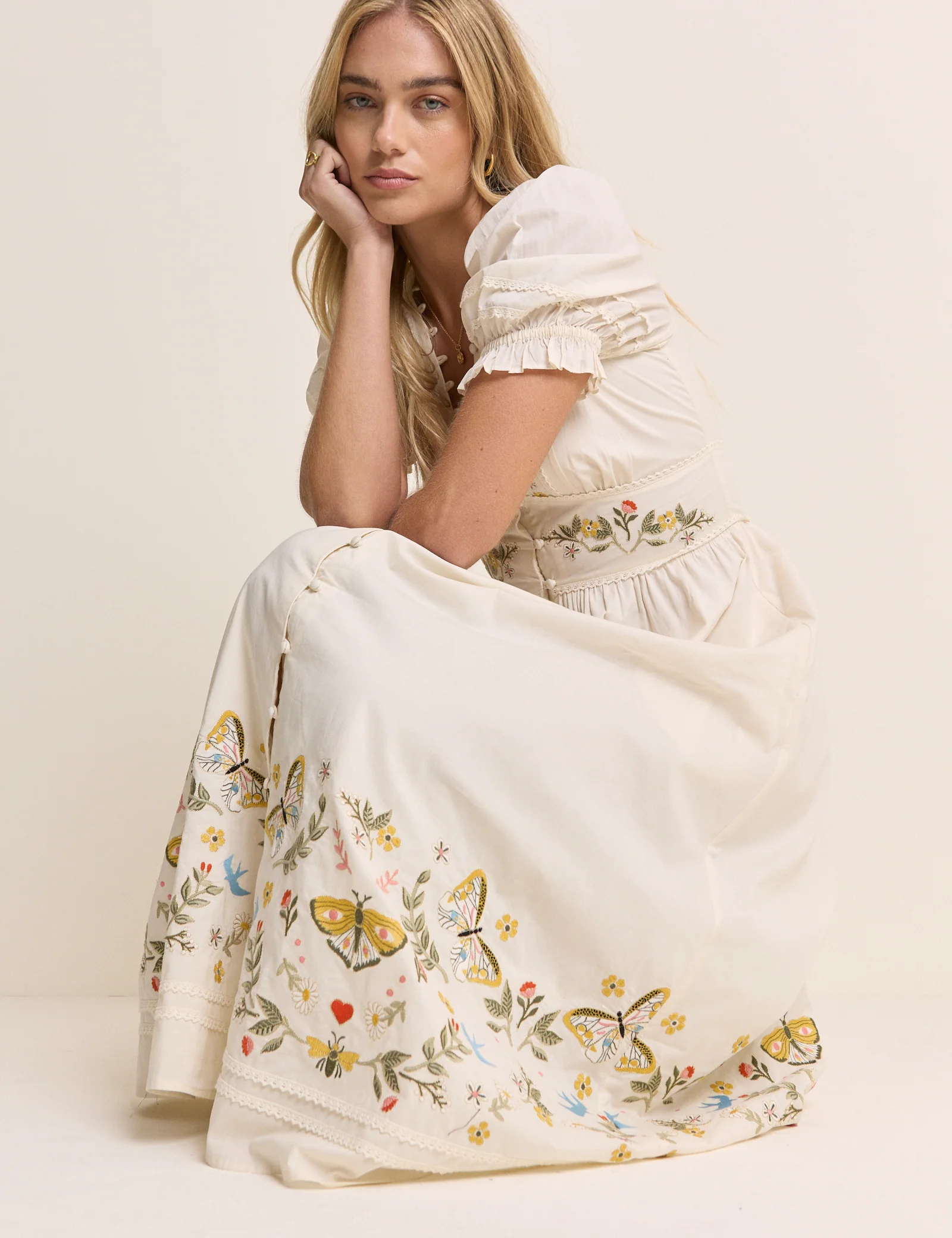 White Embroidered Puff Sleeve Saffy Midi Dress - Image 4