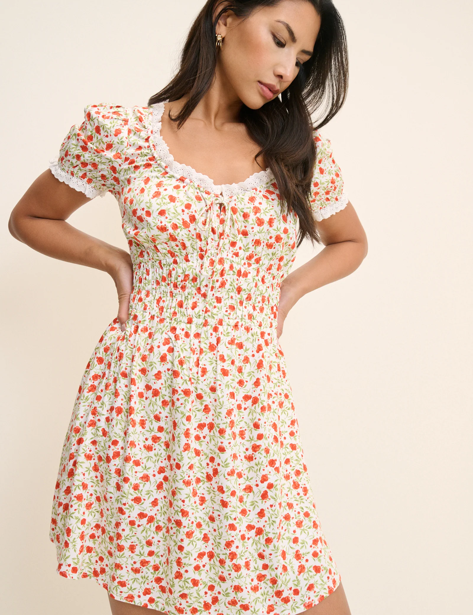 Red Floral Lace Trim Selena Mini Dress - Image 4