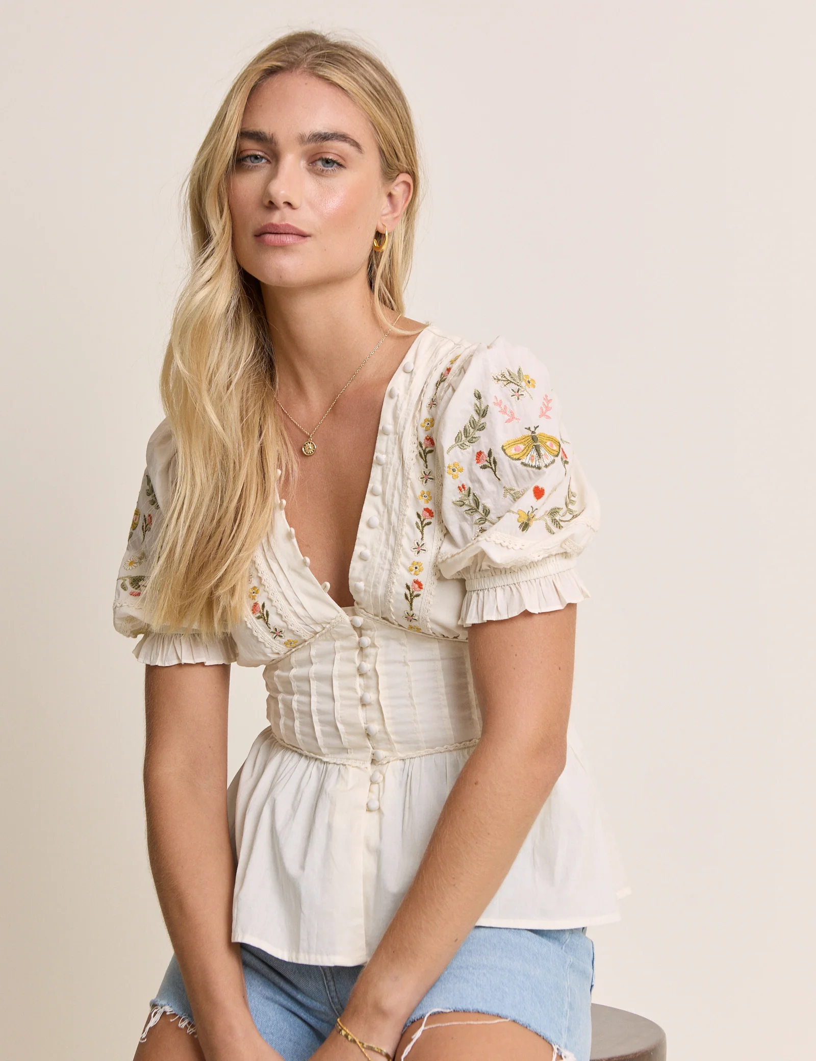 White Embroidered Puff Sleeve Peplum Top - Image 3