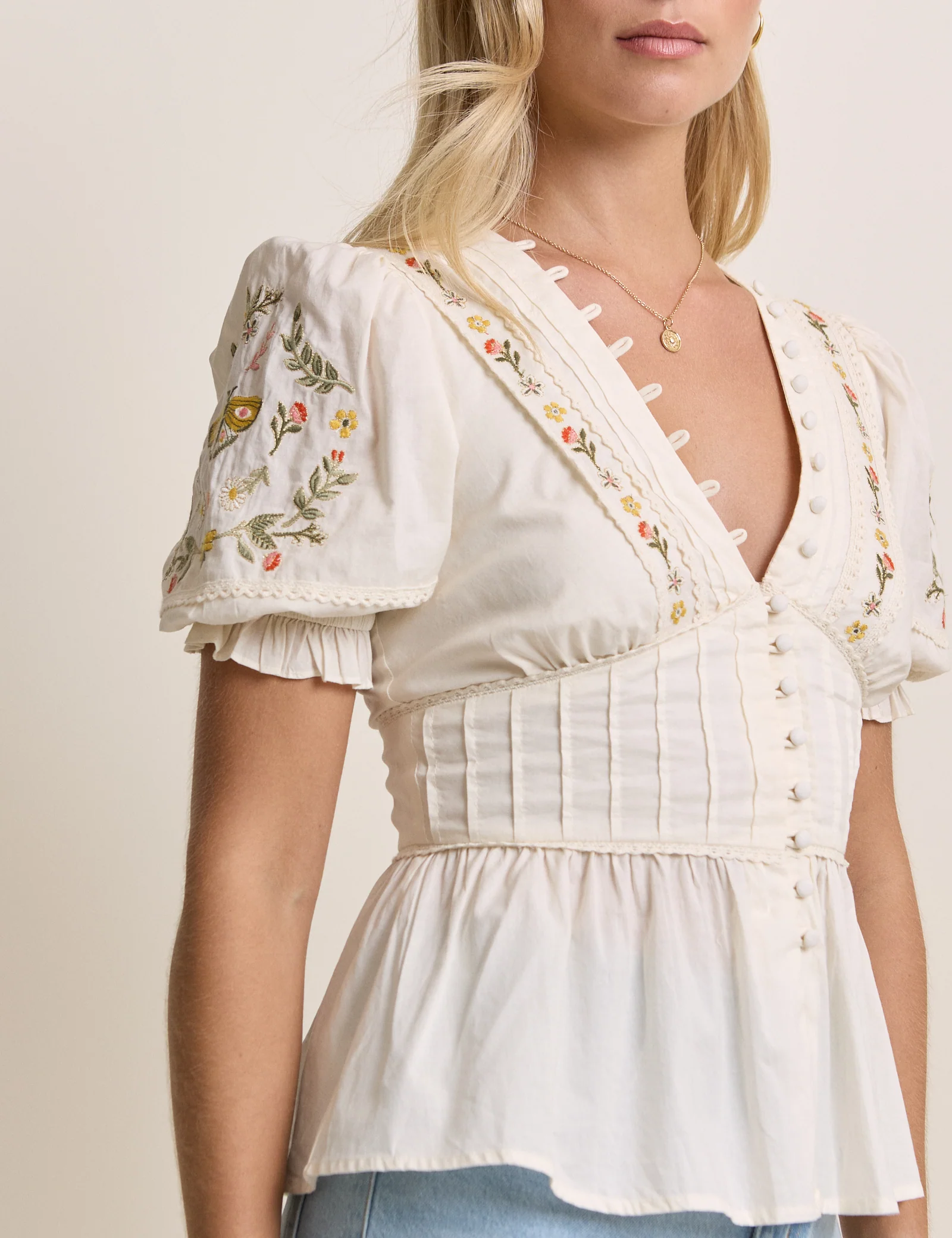 White Embroidered Puff Sleeve Peplum Top - Image 4
