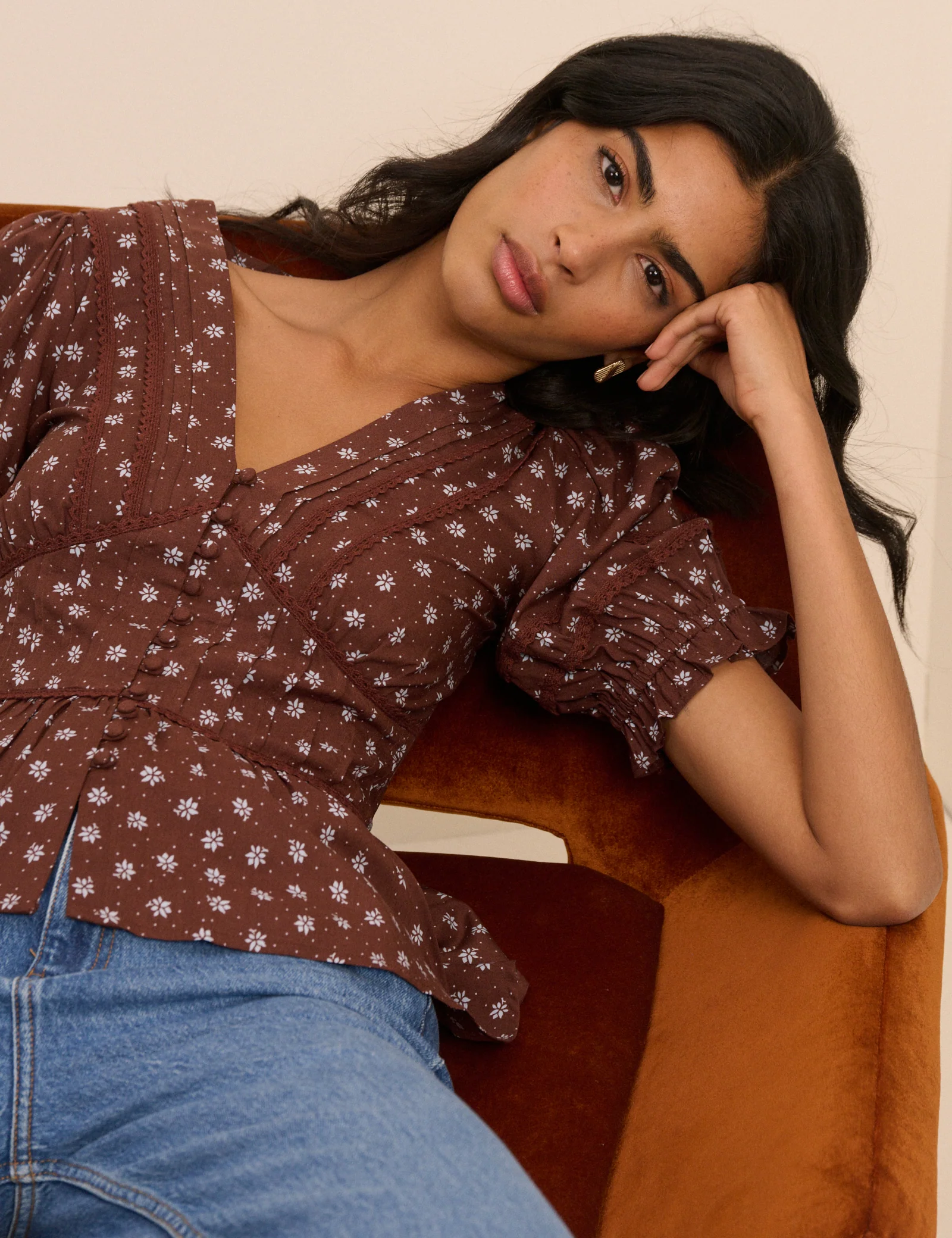 Brown Ditsy Floral Puff Sleeve Seren Blouse - Image 3