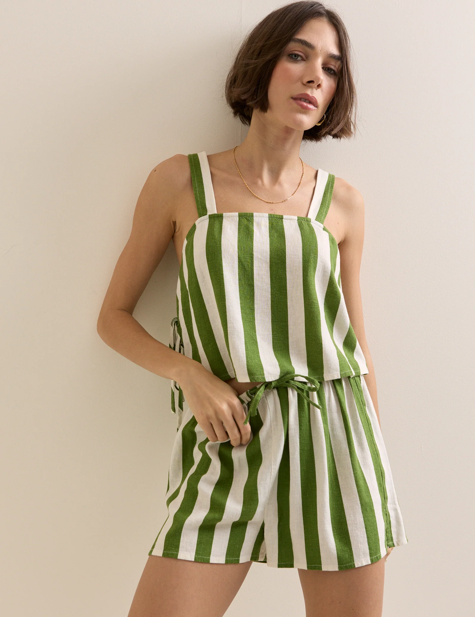 Green Striped Linen-Blend Shannon Short - Image 3