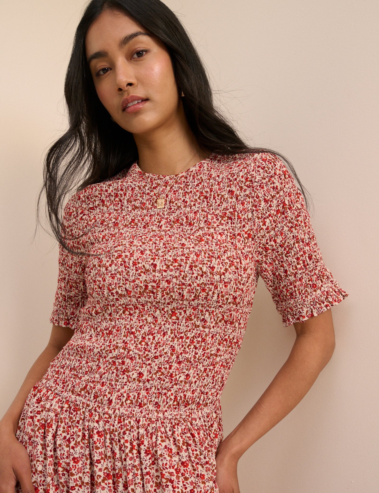 Pink Ditsy Floral Shirred Shay Midi Dress - Image 3