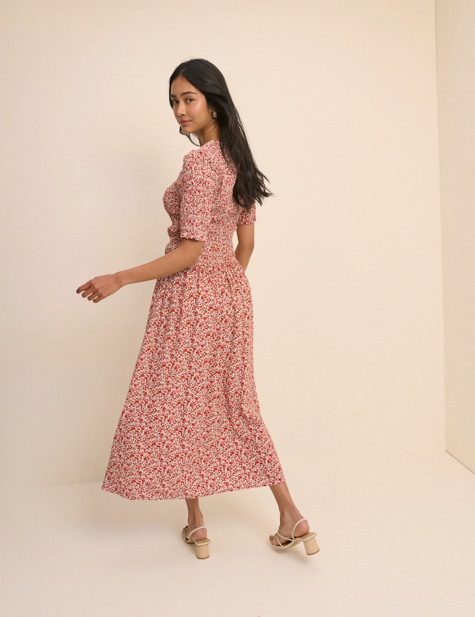 Pink Ditsy Floral Shirred Shay Midi Dress - Image 5