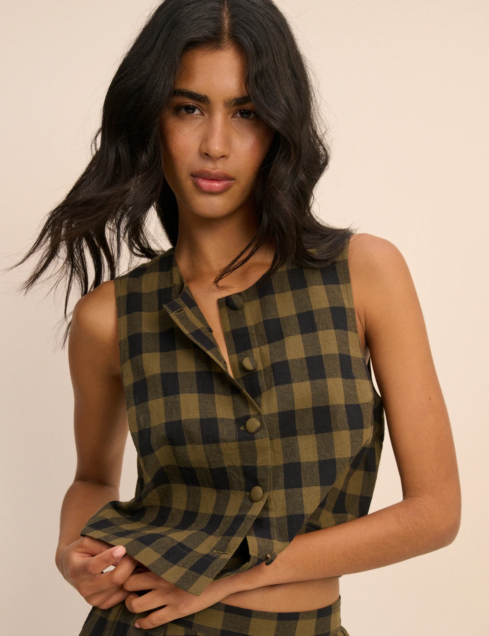 Khaki Green Gingham Button Front Top - Image 3