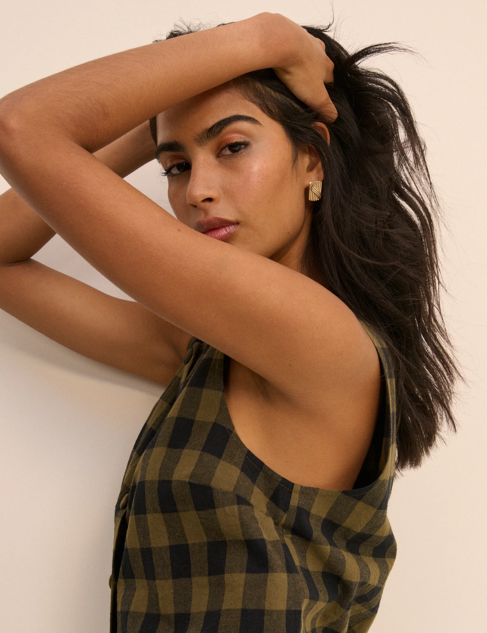 Khaki Green Gingham Button Front Top - Image 4