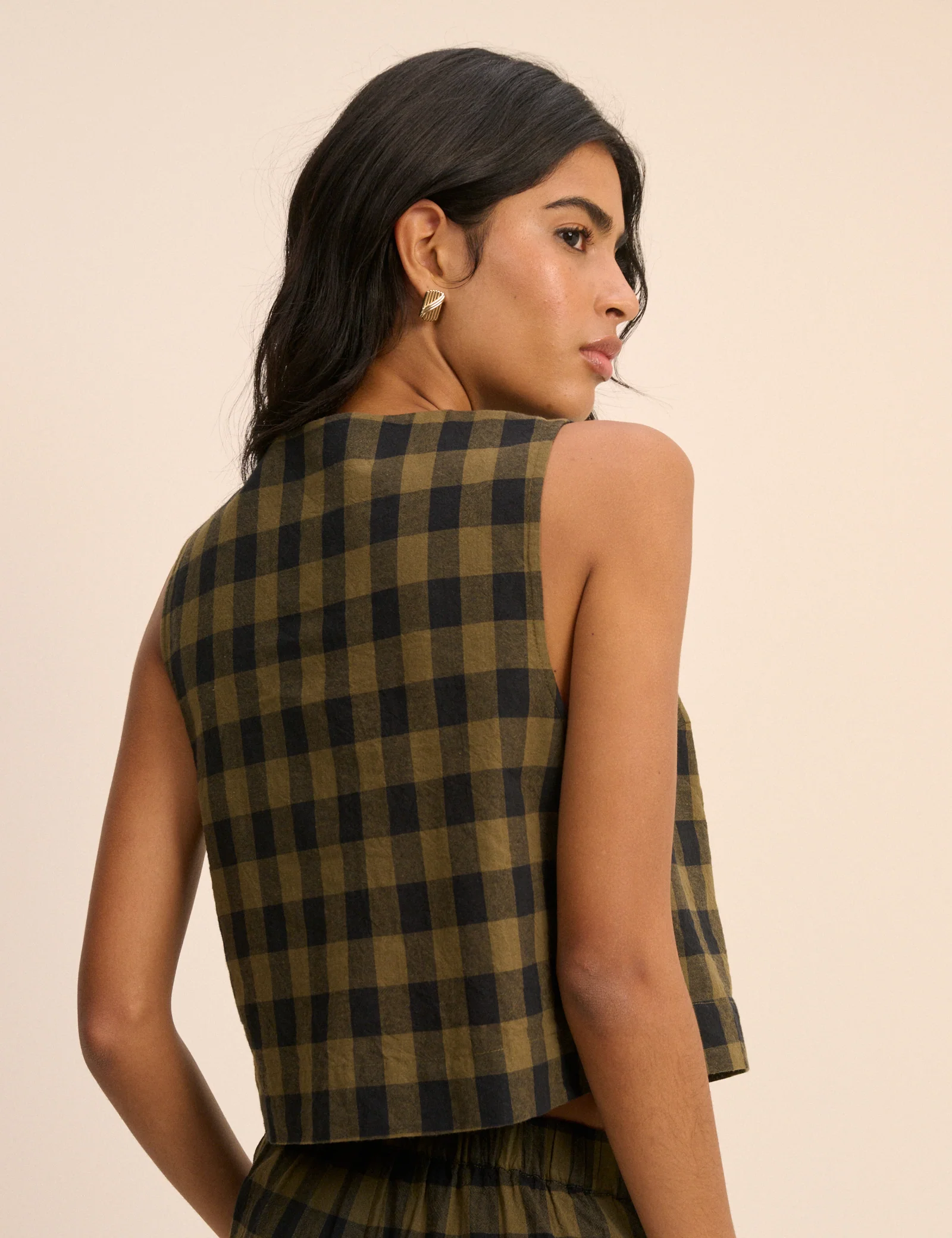 Khaki Green Gingham Button Front Top - Image 5