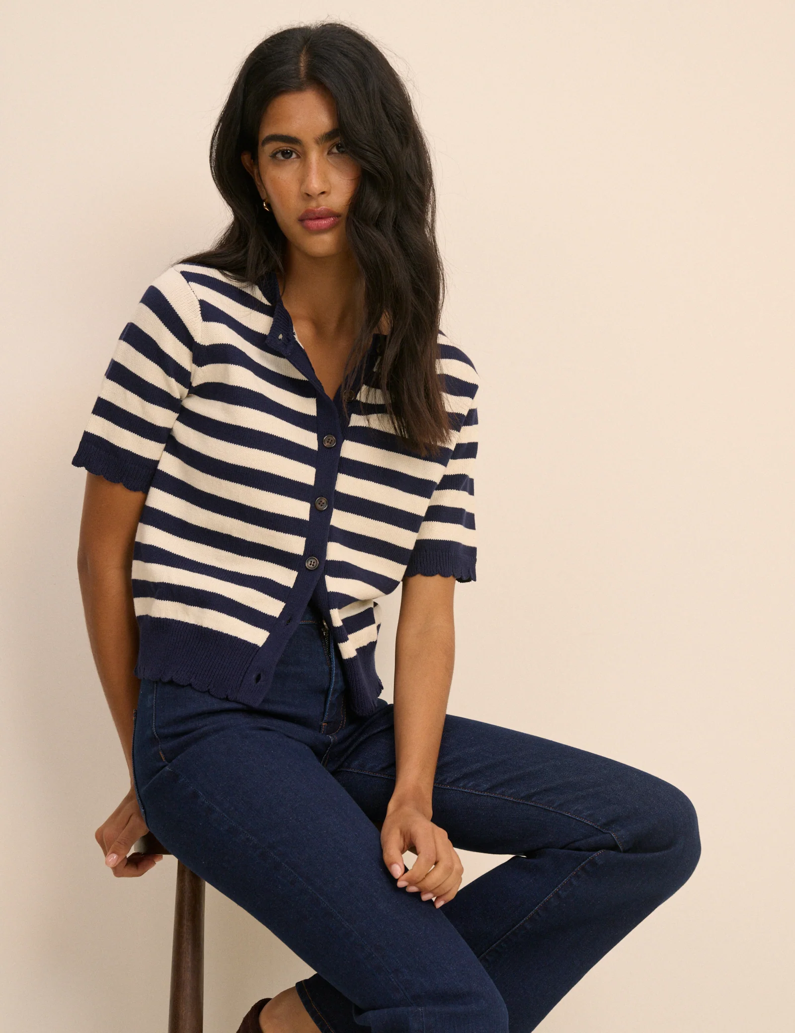 Navy and Cream Stripe Short Sleeve Cardigan - Image 3