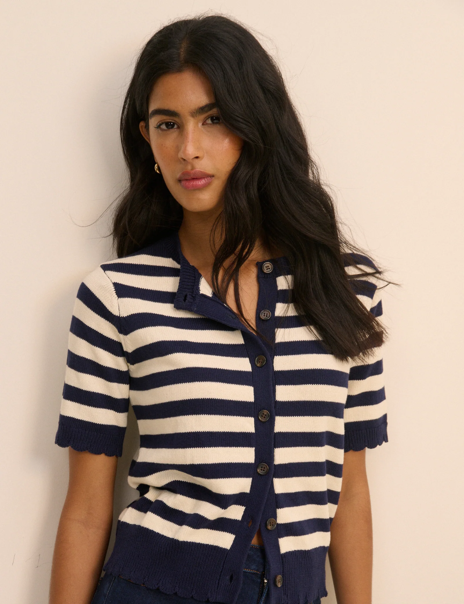 Navy and Cream Stripe Short Sleeve Cardigan - Image 4