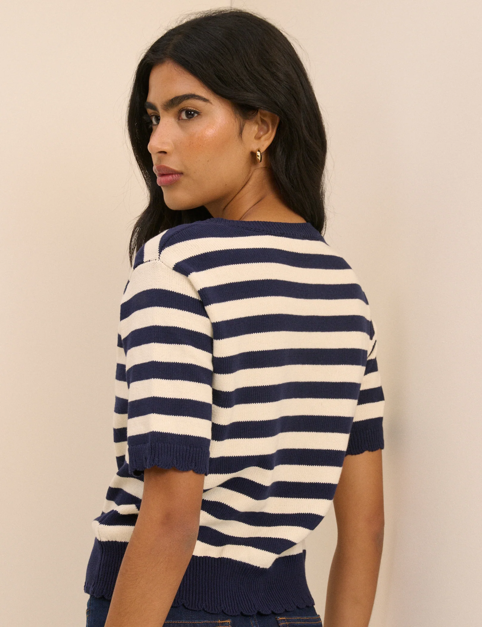 Navy and Cream Stripe Short Sleeve Cardigan - Image 5