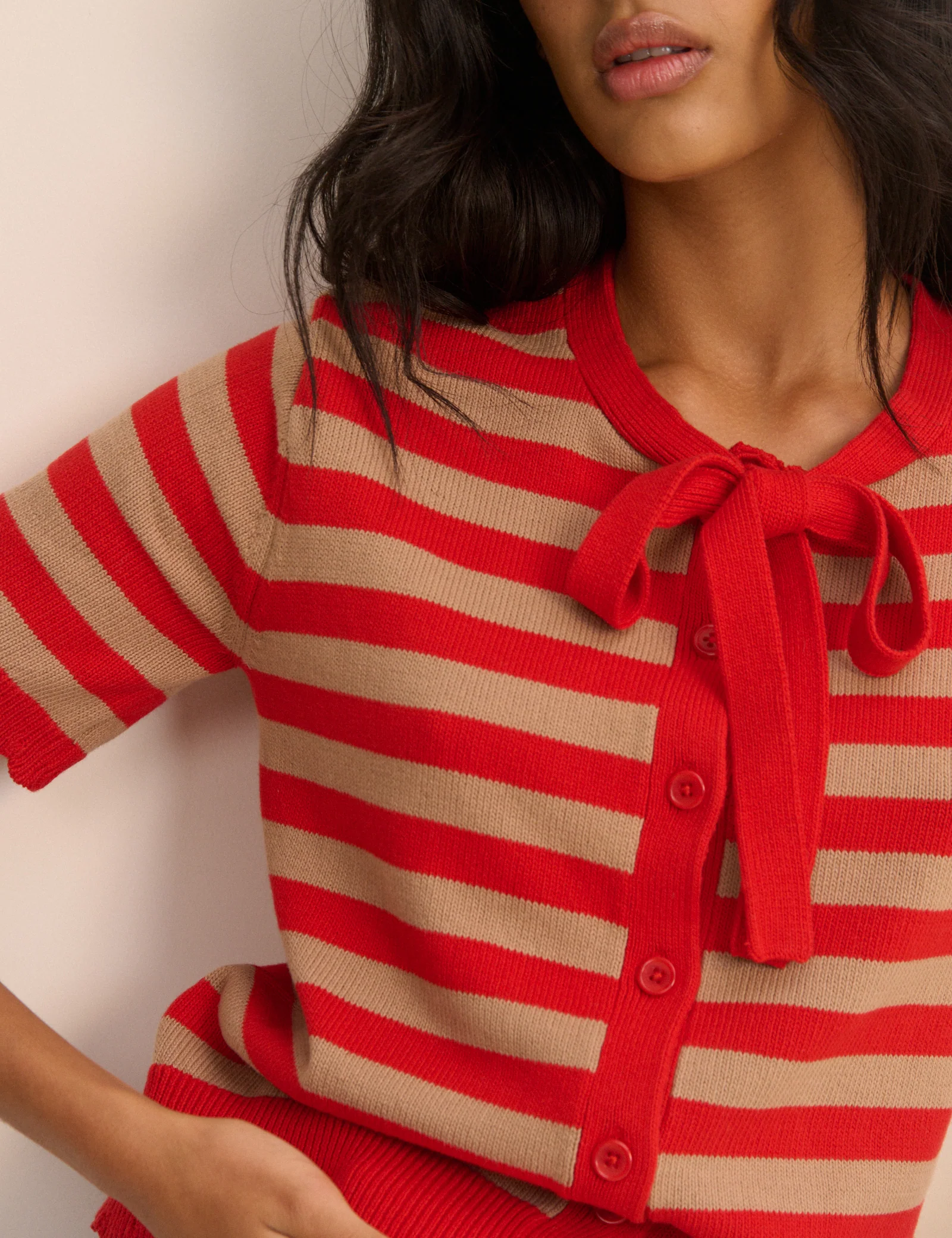 Red Strip Short Sleeve Tie Neck Cardigan - Image 3