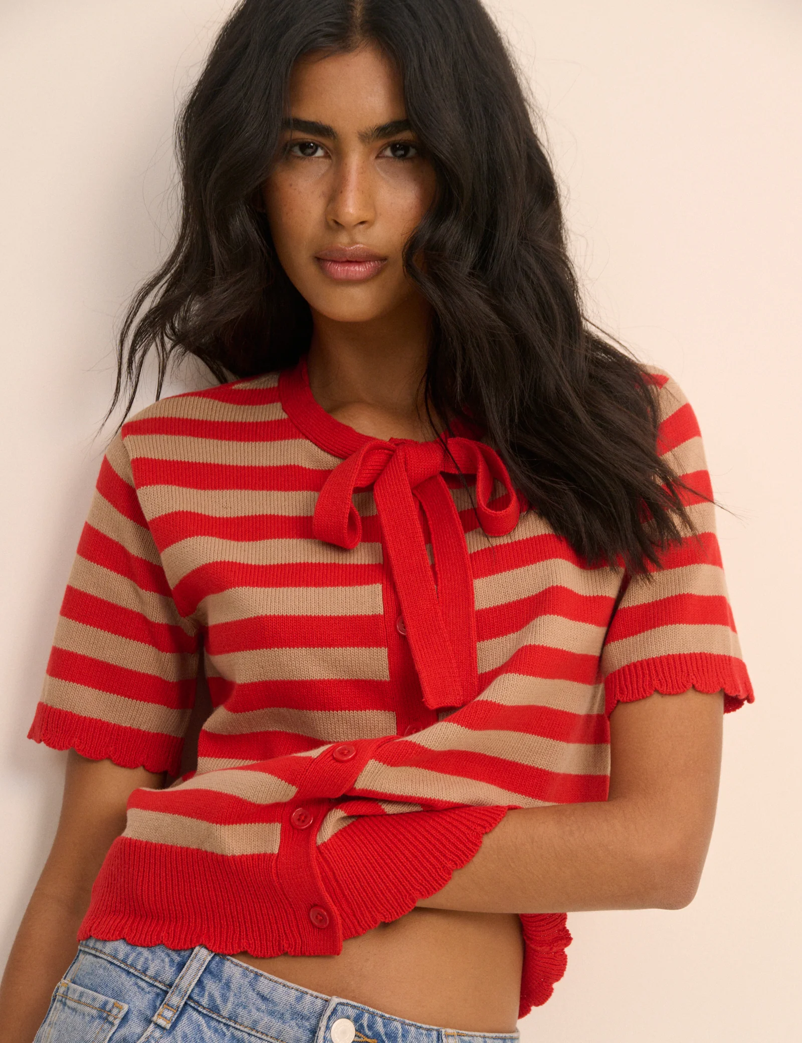 Red Strip Short Sleeve Tie Neck Cardigan - Image 4