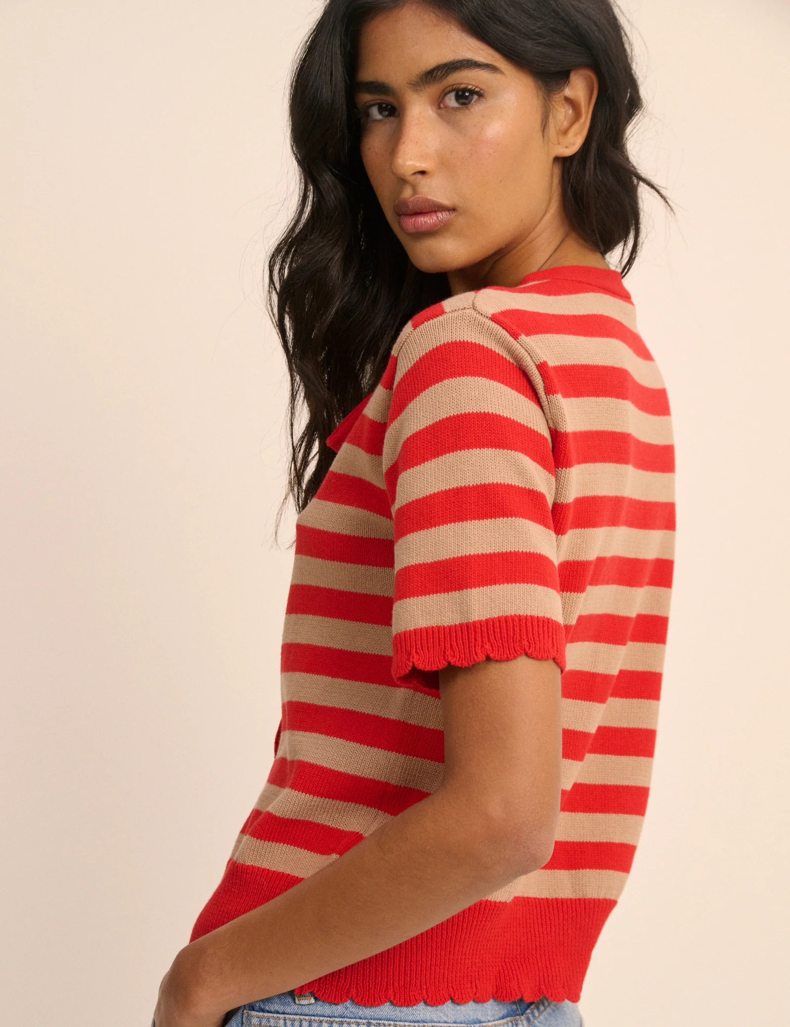 Red Strip Short Sleeve Tie Neck Cardigan - Image 5