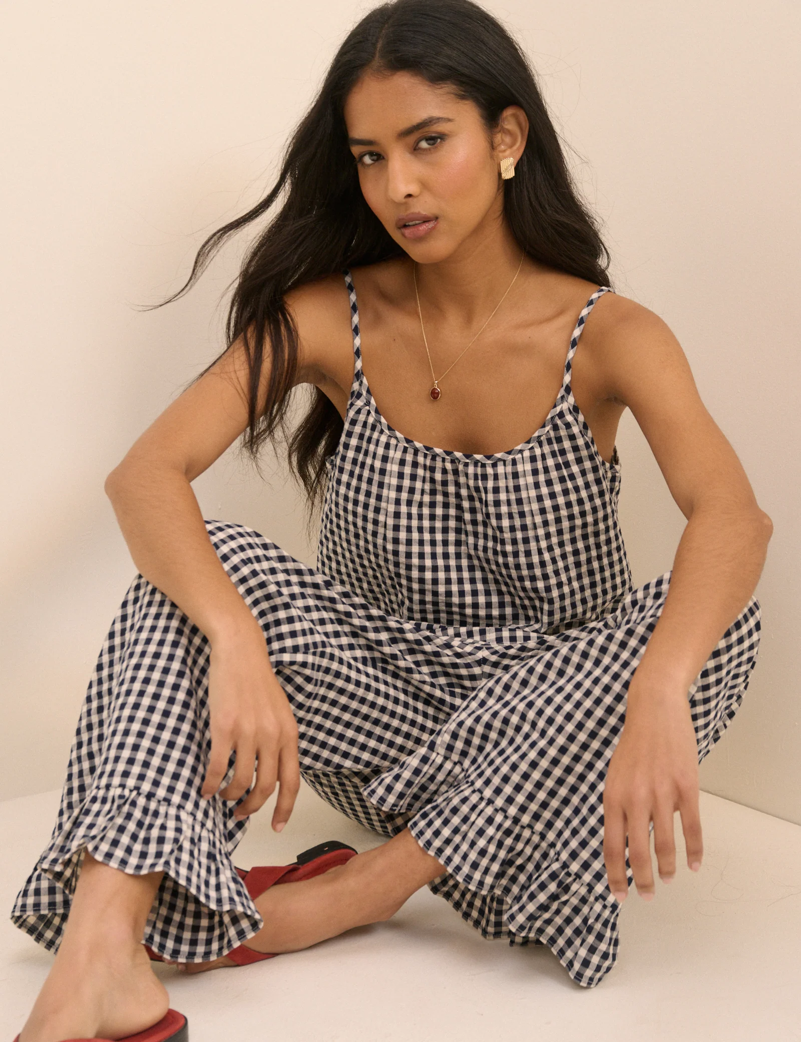 Navy Gingham Wide Leg Sia Trousers - Image 4
